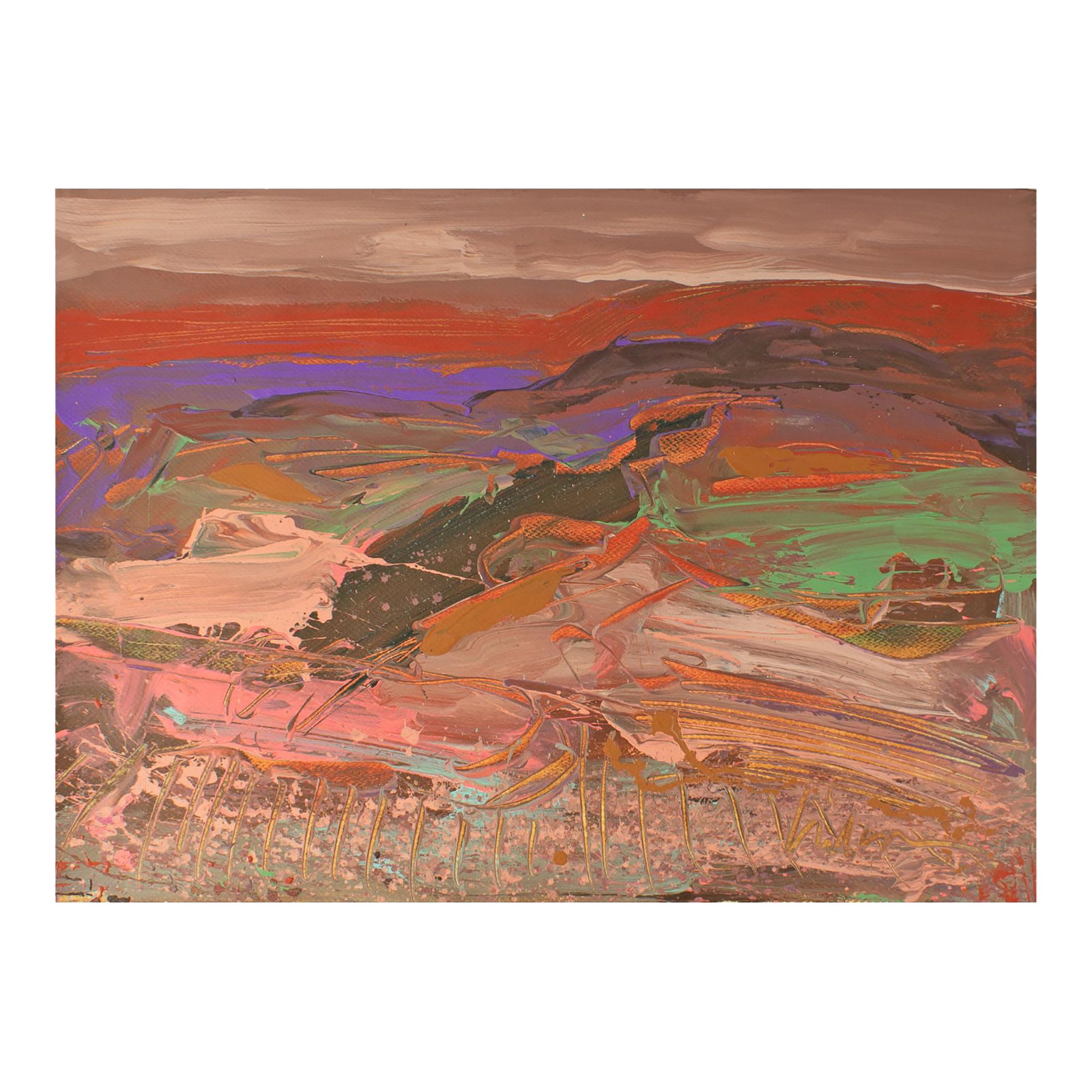 1980s "Deep Purple Dream" Abstract Acrylic Landscape Painting by Harry Hilson: A 1980s abstract acrylic painting by American artist Harry Hilson (1935-2004). Titled "Deep Purple Dream," this vibrant work uses frenetic brushwork to depict a rolling landscape with distant