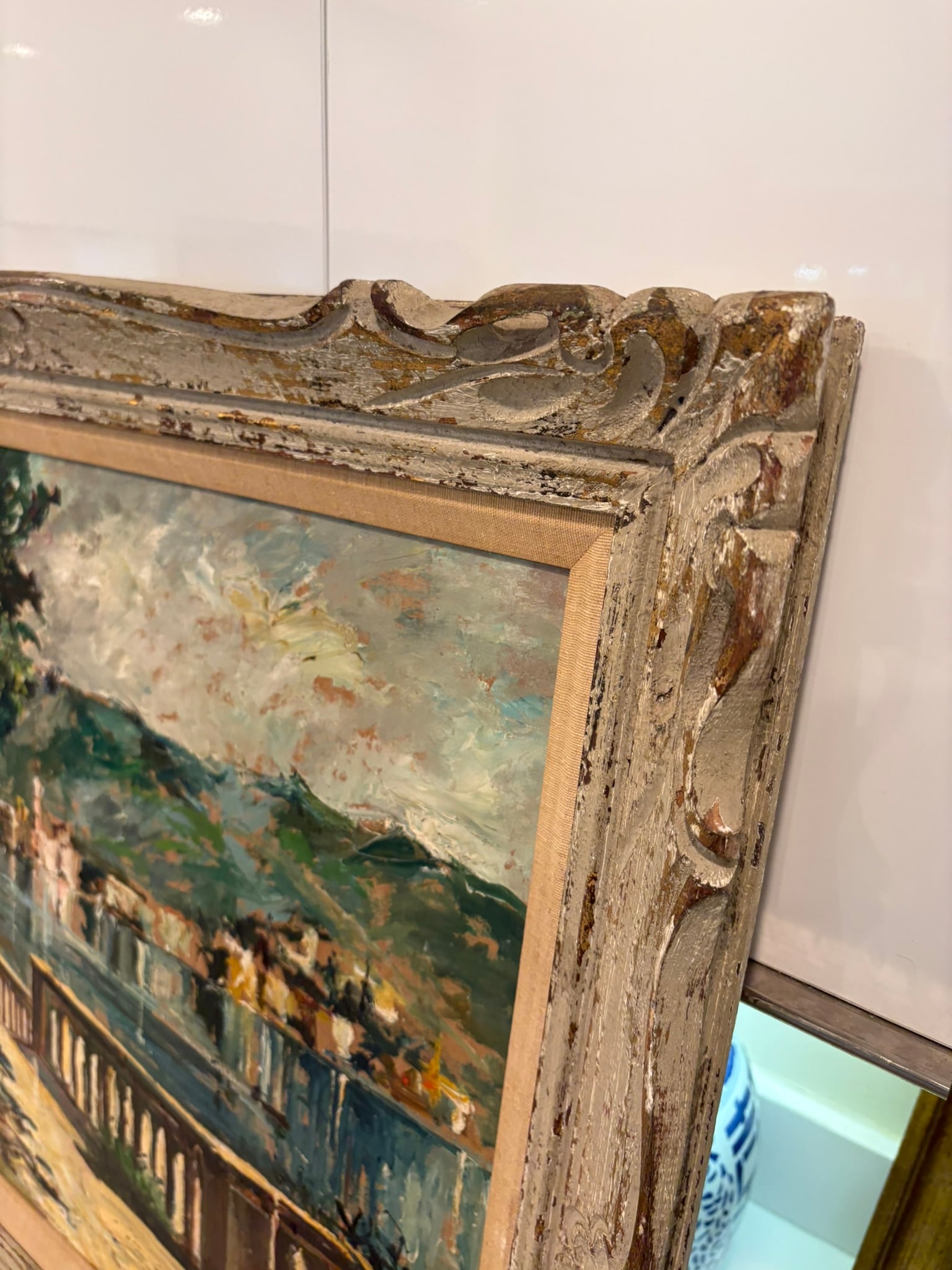 Vintage Textured Impressionist Oil Painting Cote d'Azur Coastal Town Landscape in Carved Wood Frame - 10