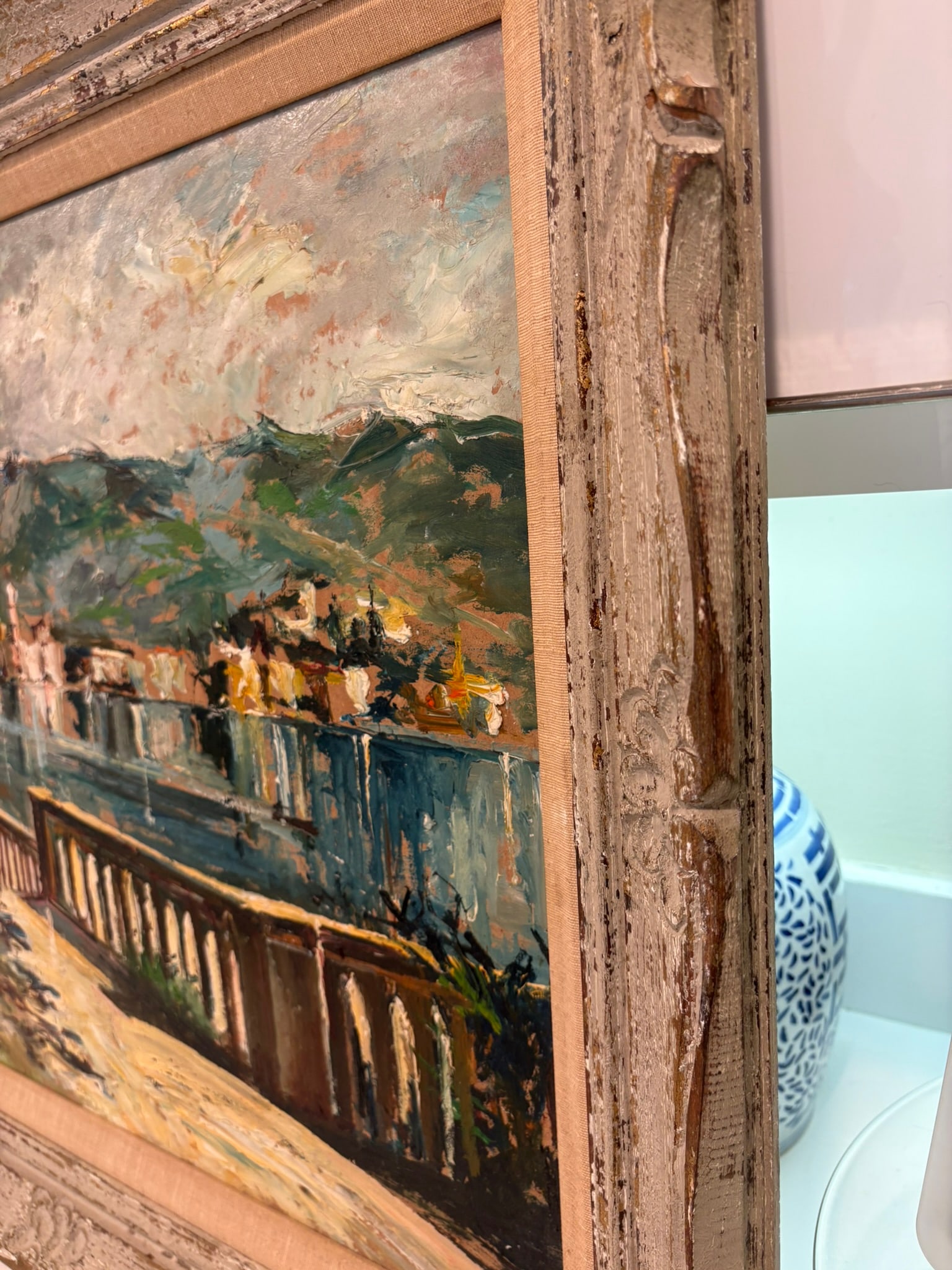 Vintage Textured Impressionist Oil Painting Cote d'Azur Coastal Town Landscape in Carved Wood Frame - 11