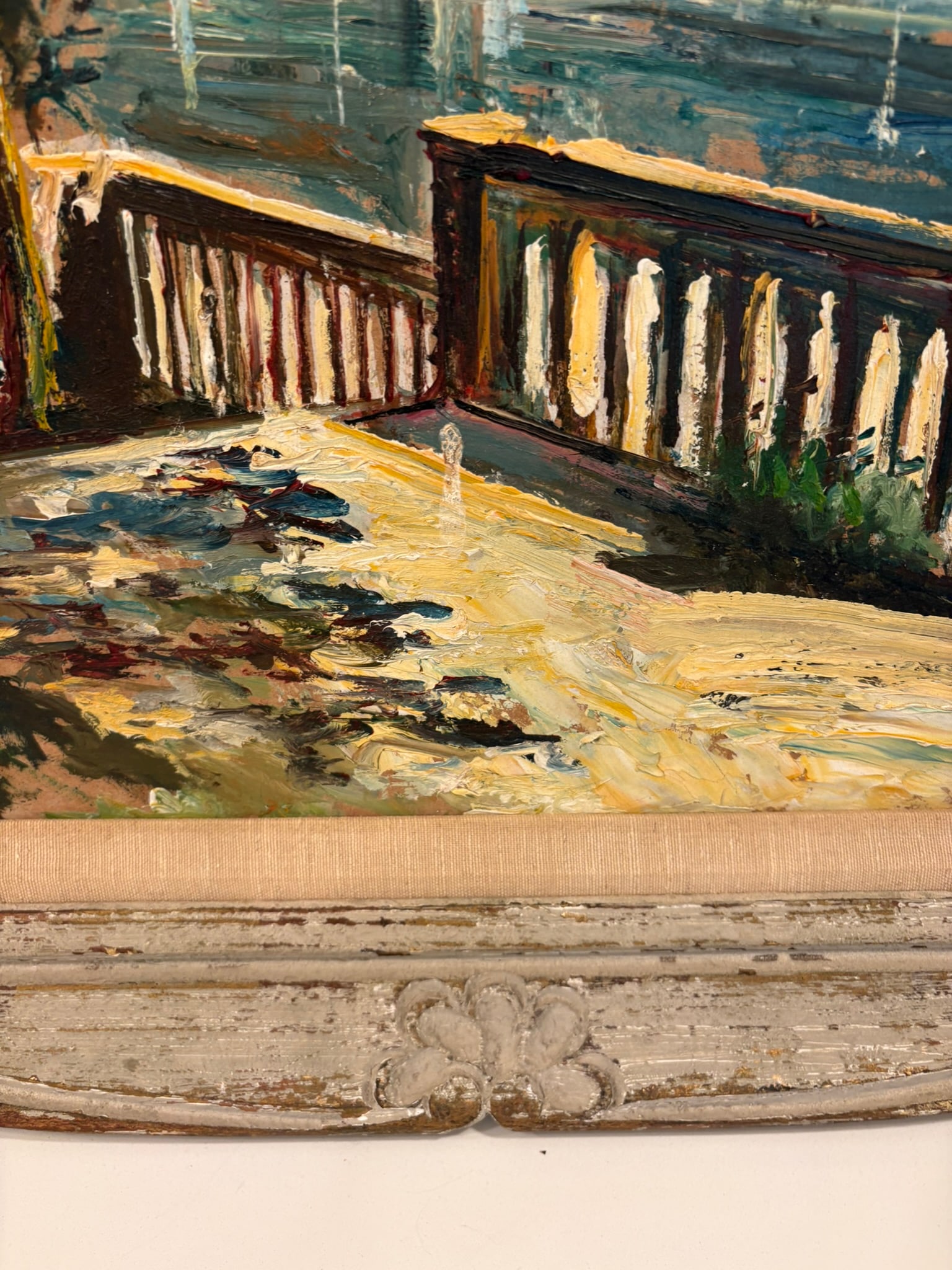 Vintage Textured Impressionist Oil Painting Cote d'Azur Coastal Town Landscape in Carved Wood Frame - 12