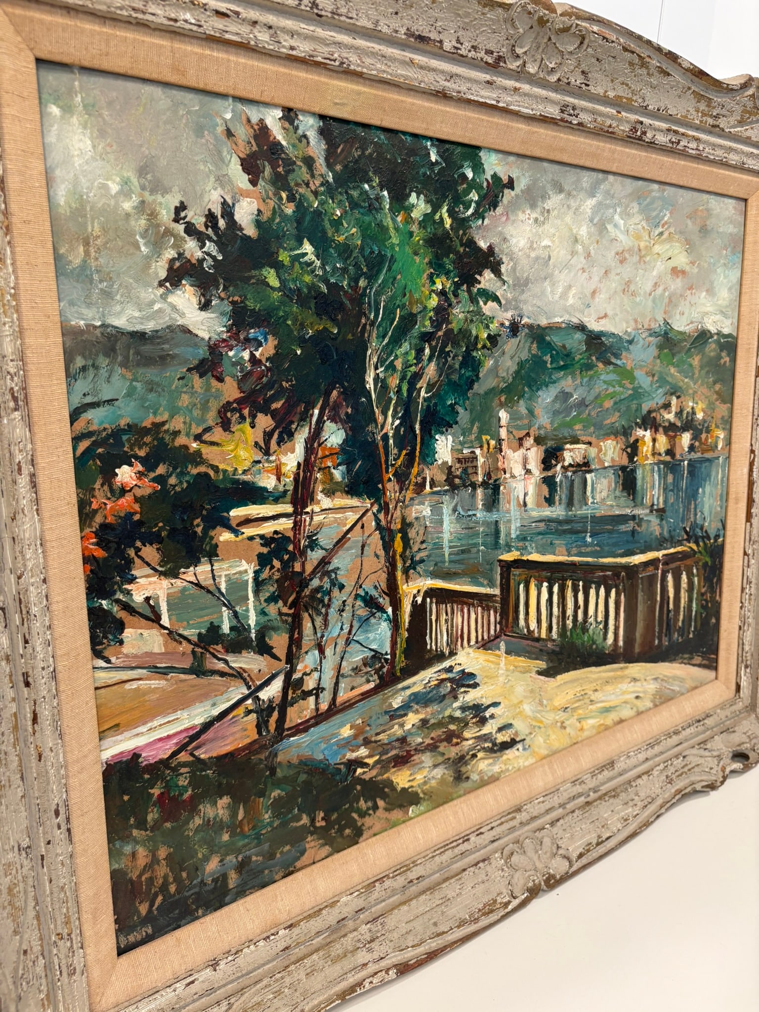 Vintage Textured Impressionist Oil Painting Cote d'Azur Coastal Town Landscape in Carved Wood Frame - 13