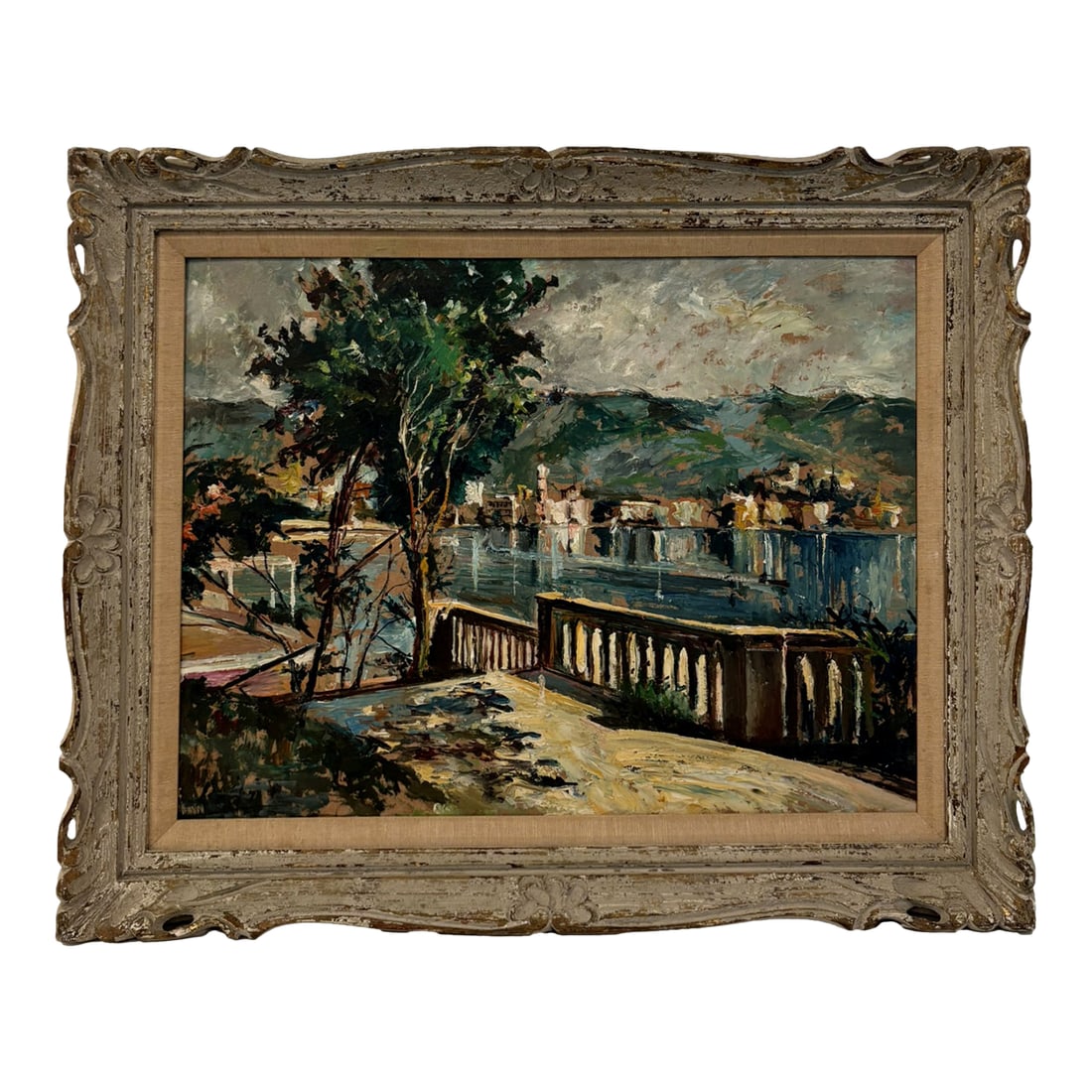 Vintage Textured Impressionist Oil Painting Cote d'Azur Coastal Town Landscape in Carved Wood Frame: Palm Beach estate find: a richly textured impasto oil coastal town scene with dramatic brushwork, waterfront reflections, and a classic stone balustrade foreground, presented in an ornate carved