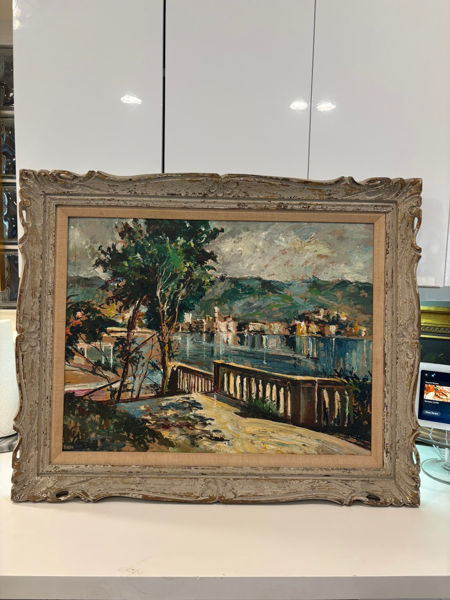 Vintage Textured Impressionist Oil Painting Cote d'Azur Coastal Town Landscape in Carved Wood Frame - 2