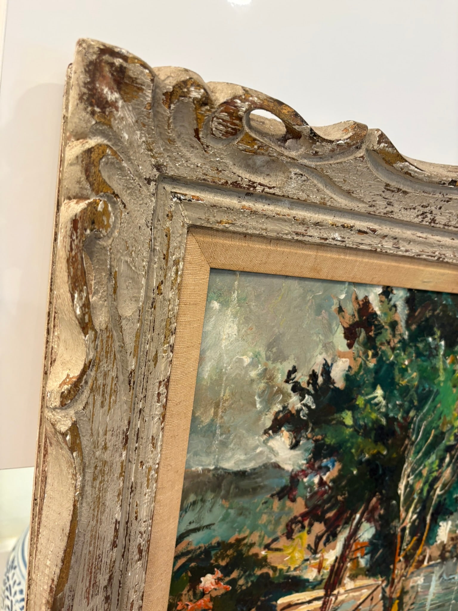 Vintage Textured Impressionist Oil Painting Cote d'Azur Coastal Town Landscape in Carved Wood Frame - 3
