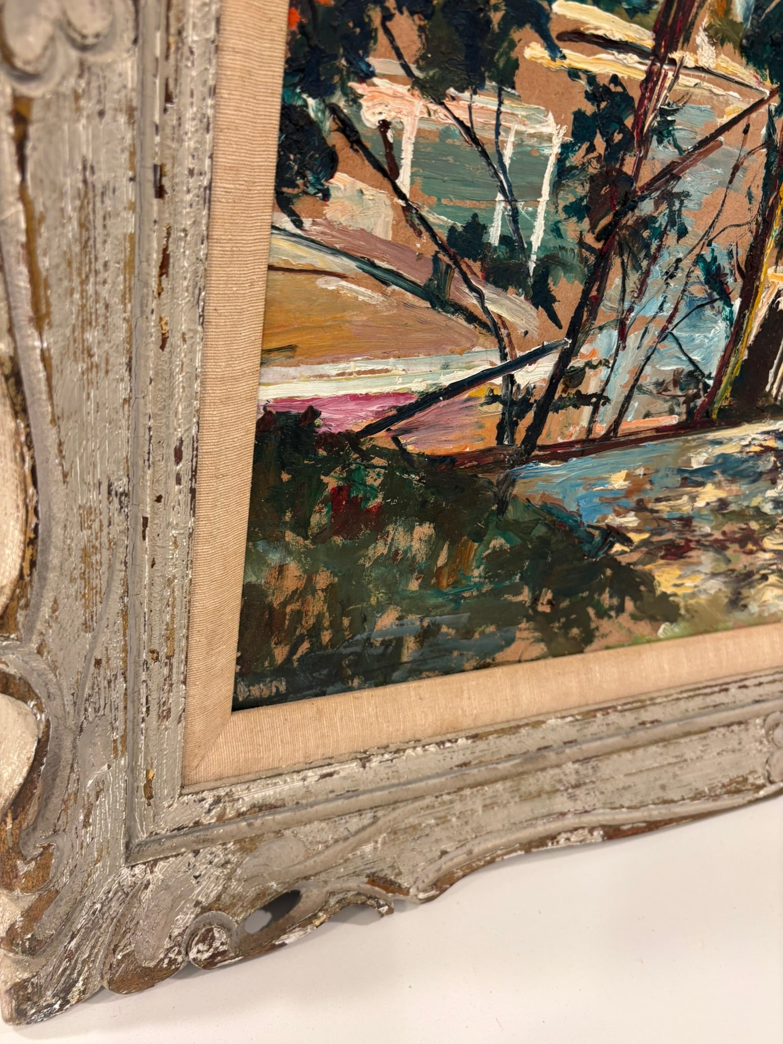 Vintage Textured Impressionist Oil Painting Cote d'Azur Coastal Town Landscape in Carved Wood Frame - 4