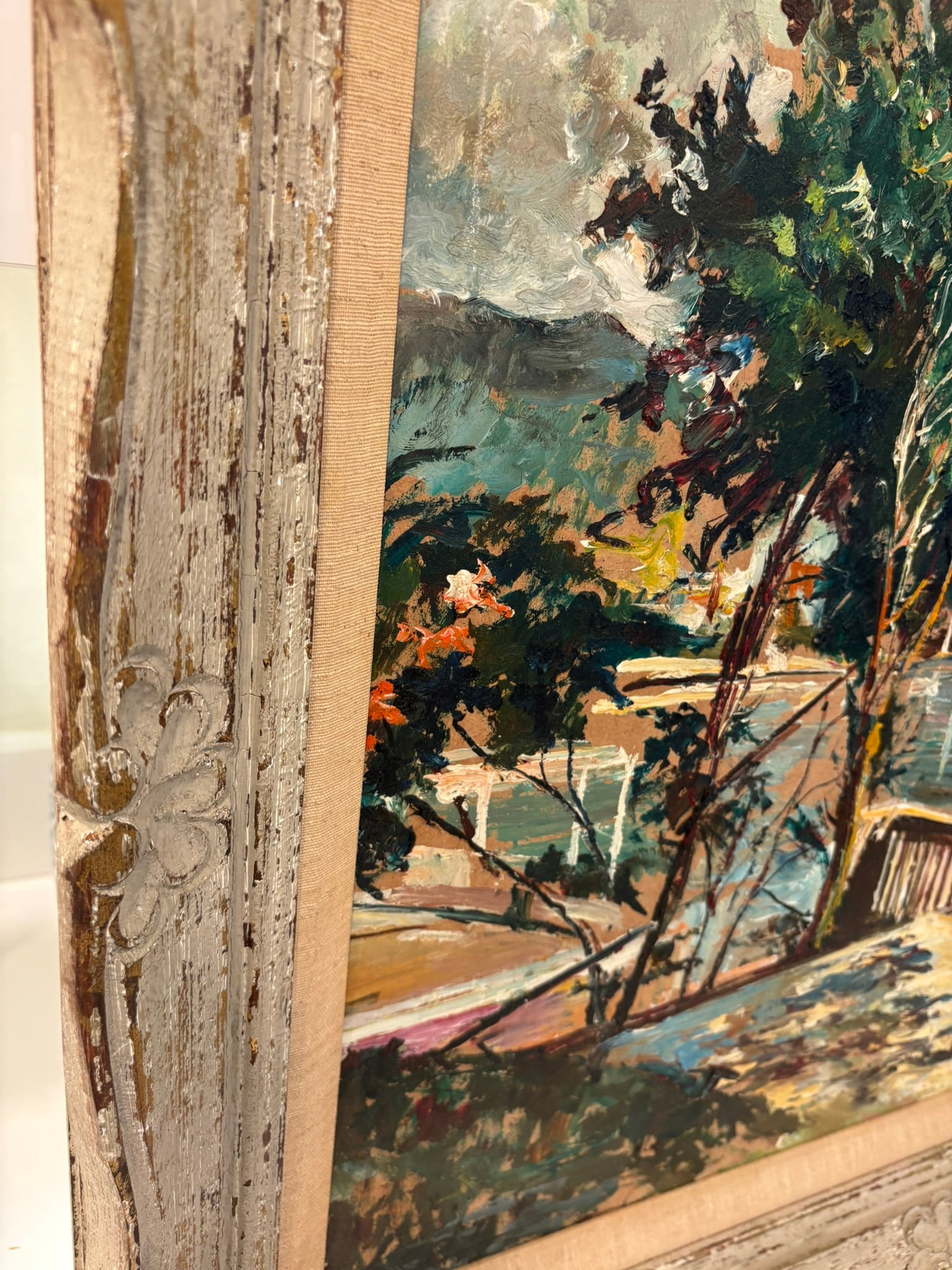 Vintage Textured Impressionist Oil Painting Cote d'Azur Coastal Town Landscape in Carved Wood Frame - 5