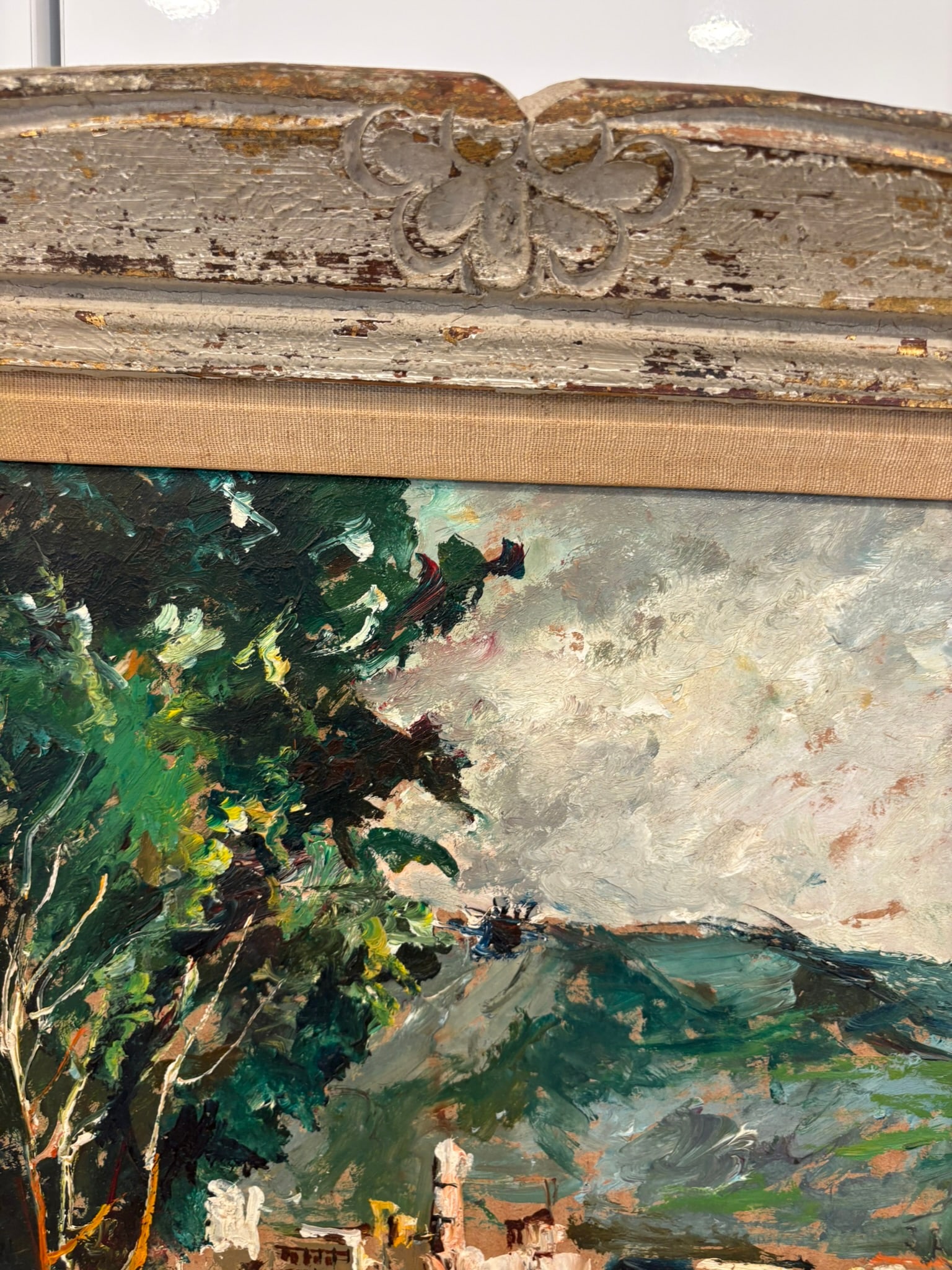 Vintage Textured Impressionist Oil Painting Cote d'Azur Coastal Town Landscape in Carved Wood Frame - 6