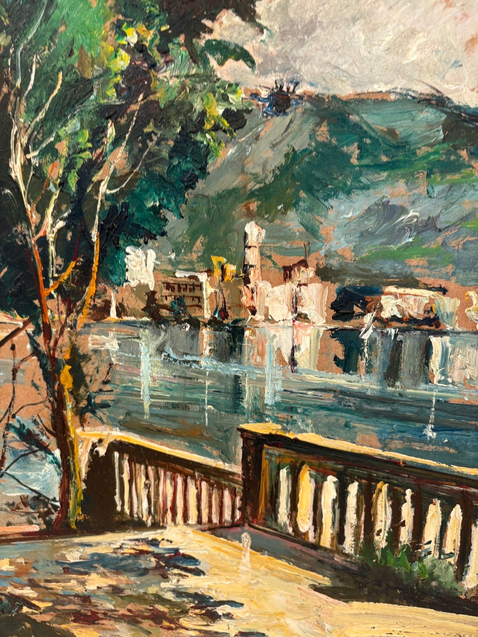 Vintage Textured Impressionist Oil Painting Cote d'Azur Coastal Town Landscape in Carved Wood Frame - 7