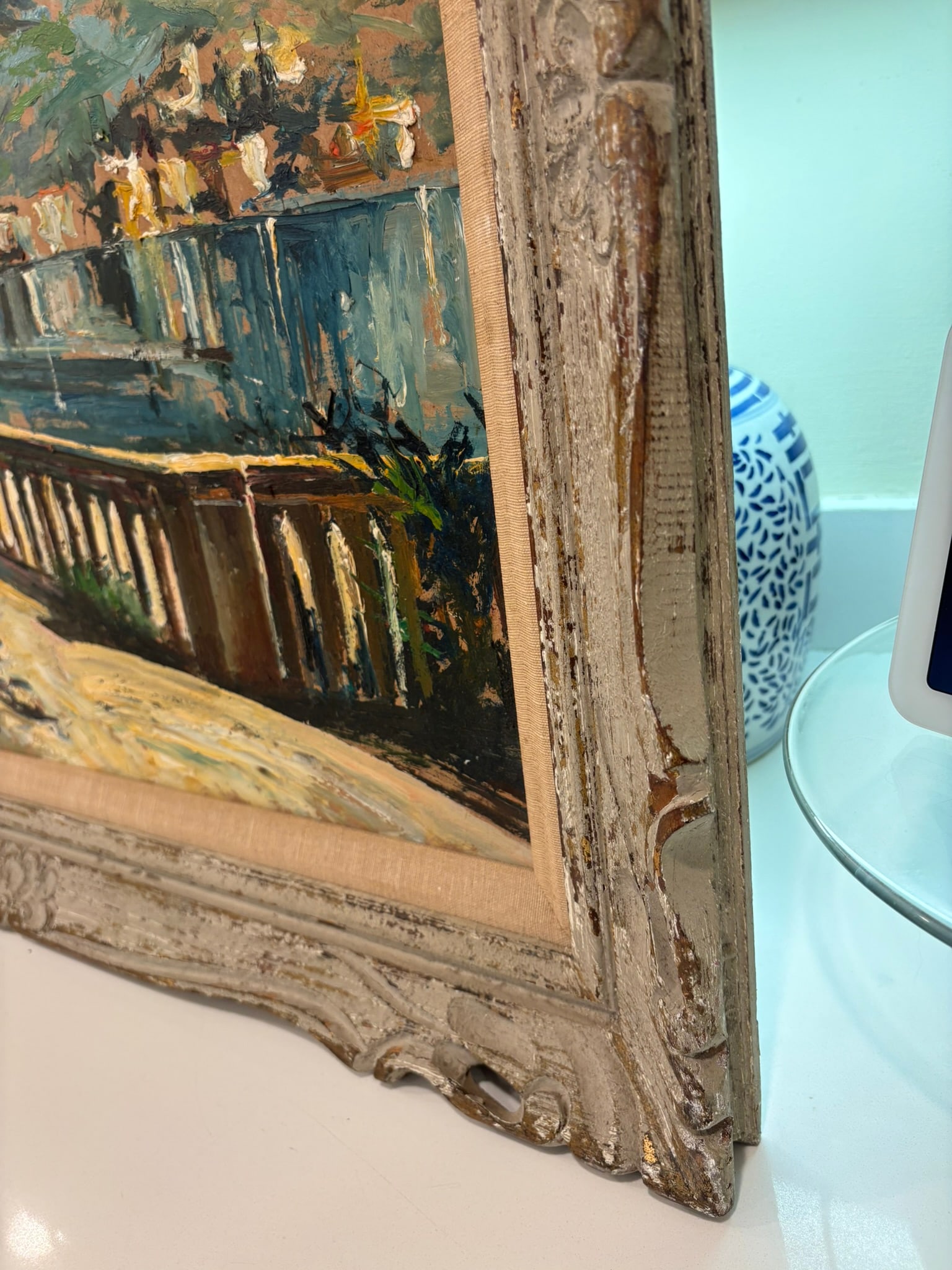 Vintage Textured Impressionist Oil Painting Cote d'Azur Coastal Town Landscape in Carved Wood Frame - 9