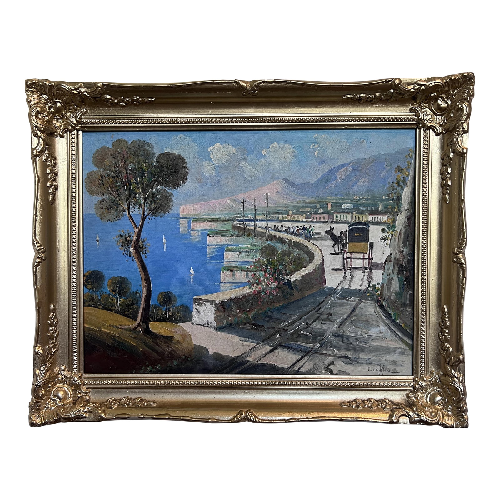 Late 20th Century Original Vintage Mediterranean Coastal Oil Painting on Canvas, Signed, Framed: A lively seaside scene unfolds along a sunlit promenade overlooking brilliant blue waters, sailboats drifting in the distance, and a horse-drawn carriage making its way along a curved stone roadway.