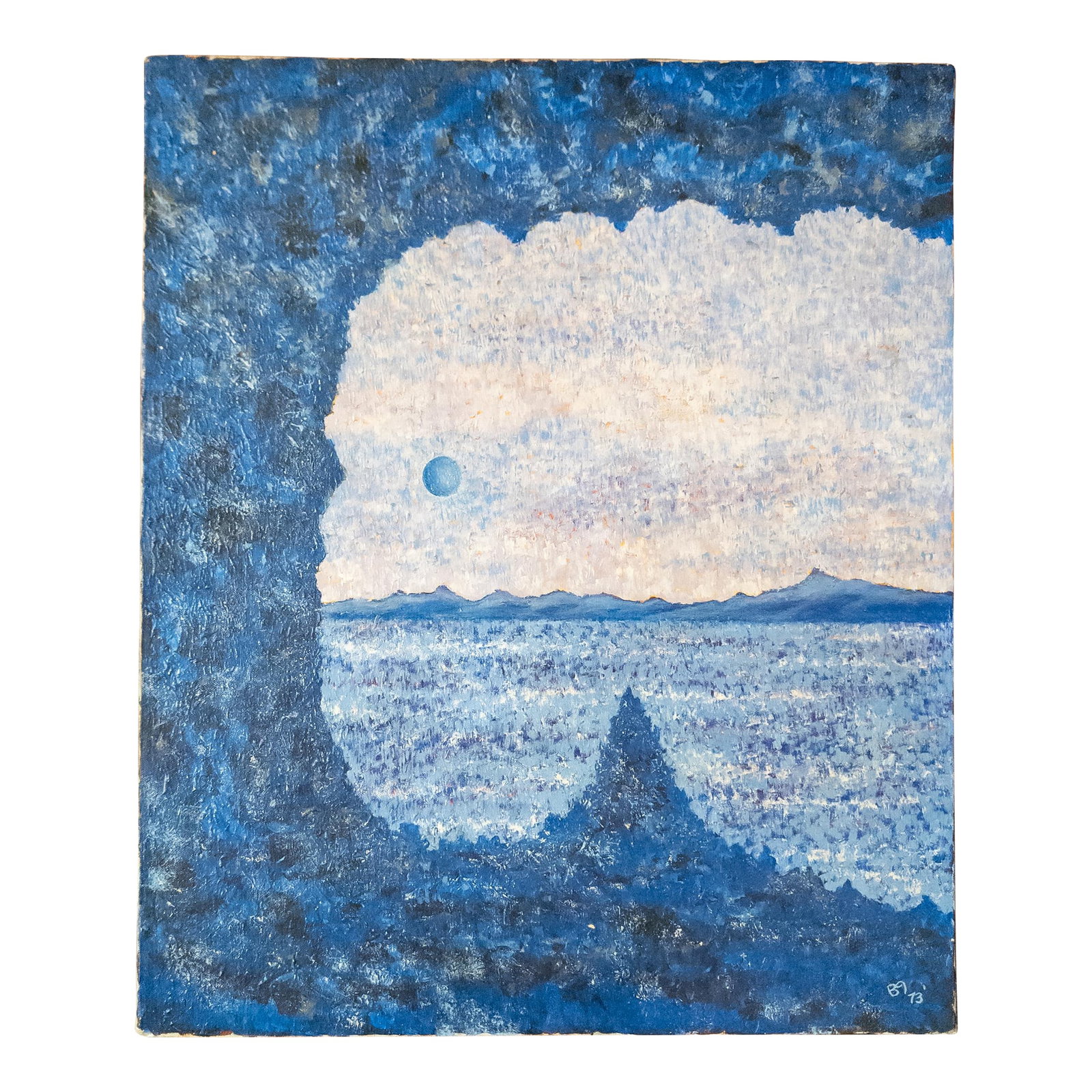 Mid-Century Modern Abstract Surrealist Landscape Painting, Signed: We are selling this interesting Mid-Century Modern surrealist style painting. This ominous painting presents a view of a landscape out of a cave like location. The distant mountains are set beneath