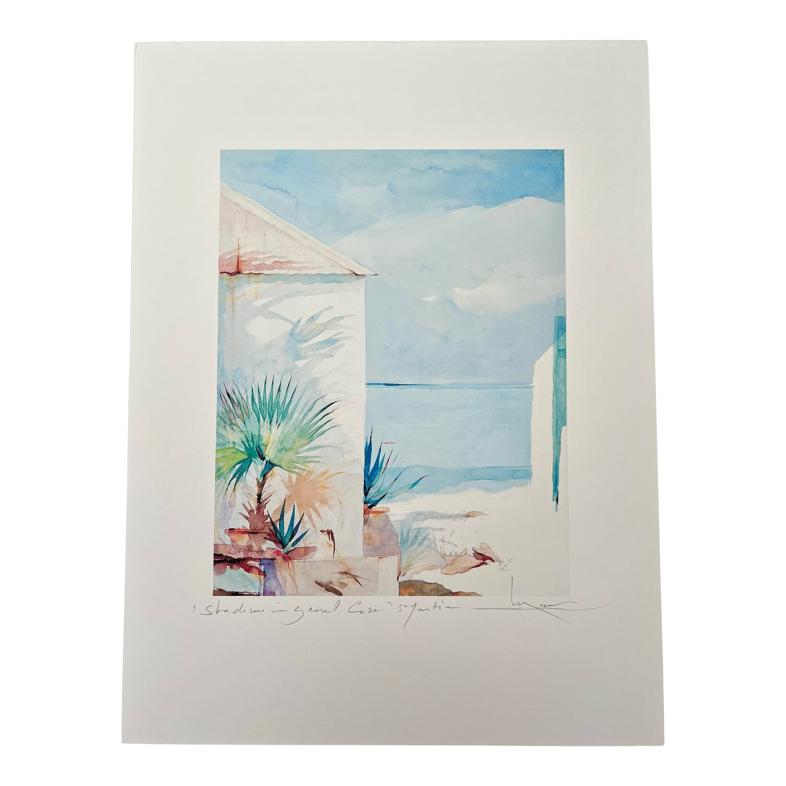 Antoine Chapon Signed Giclee "Shadows in Grand Case" - Caribbean Coastal Watercolor: Printed on textured watercolor paper and hand-signed in pencil by Antoine Chapon, this giclee captures the luminous, shifting light and shadows of Grand Case, St. Martin - one of the artist's most
