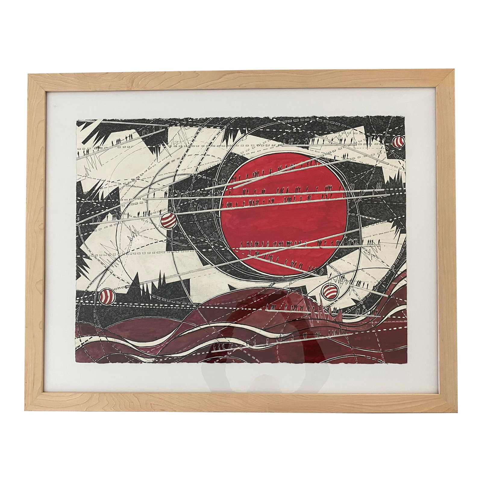 Signed Mixed Media Drawing by Ruth Esserman (1936-2022) "Above": This striking mixed media drawing by Ruth Esserman (1936-2022) exemplifies the artist's late-career exploration of architectural space, movement, and the human figure at scale. Anchored by a bold red