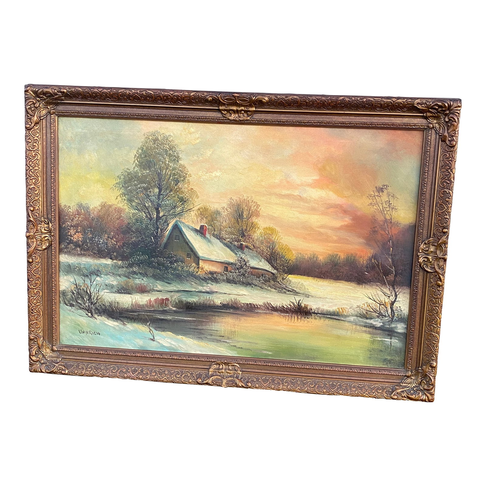 1900s American Artist Charles-Louis Van Richmond (1888-1969), Who Signed His Work "Vanrich" Winter S: An oil painting of a winter landscape signed 'VANRICH'. NOTE- appears to be a very small indentation in an area . Please see images of the frontal and back area of this flaw Oil painting as an art