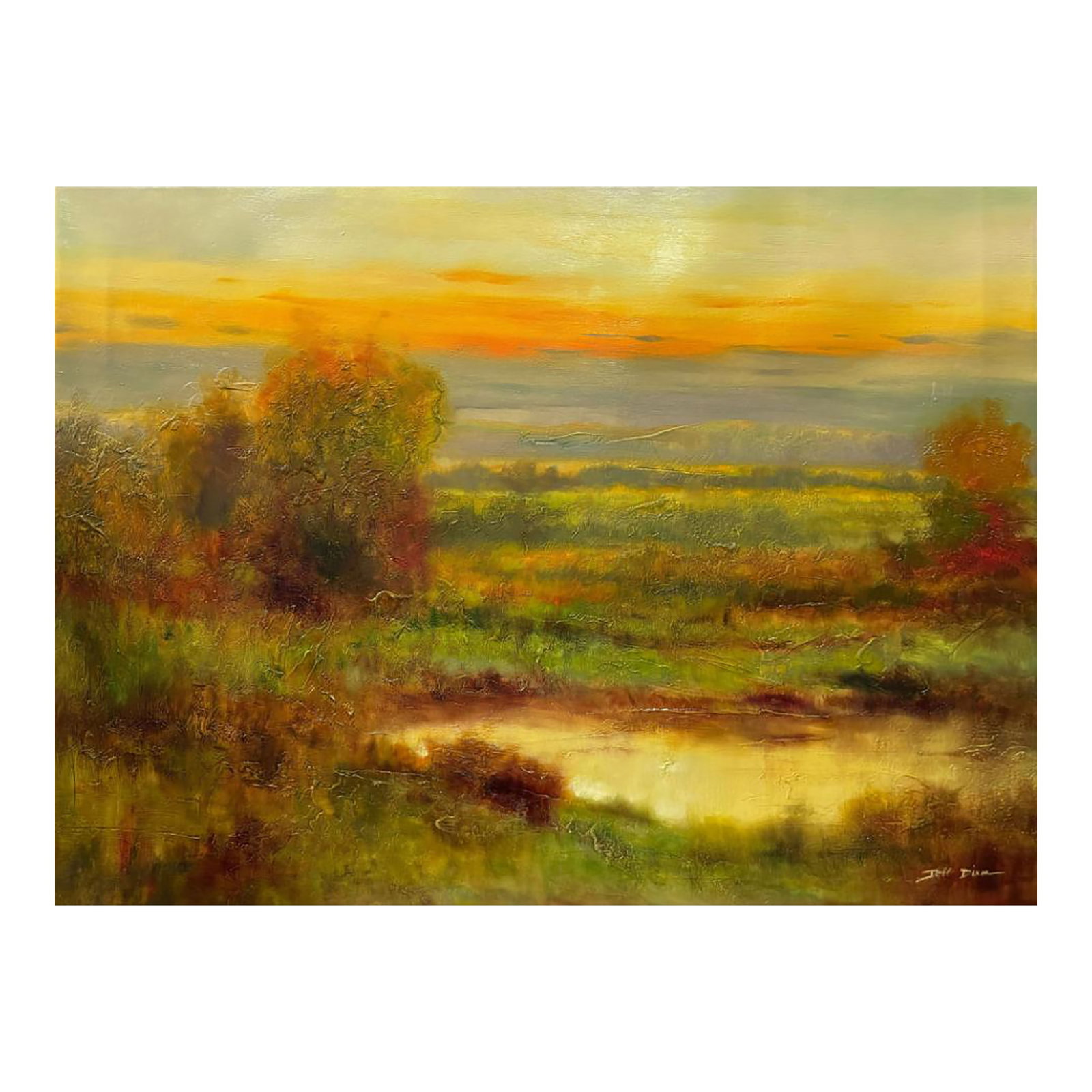 Jeff Dixon 38 X 28 Signed Original Landscape Painting: Artist: Jeff Dixon (b.1973-) Chinese Title:Sunset Medium: Oil on Canvas Size 38"W X 28"H Edition:Original Artwork is in mint condition/Sold AS IS Signature:Signed on the front bottom right corner.