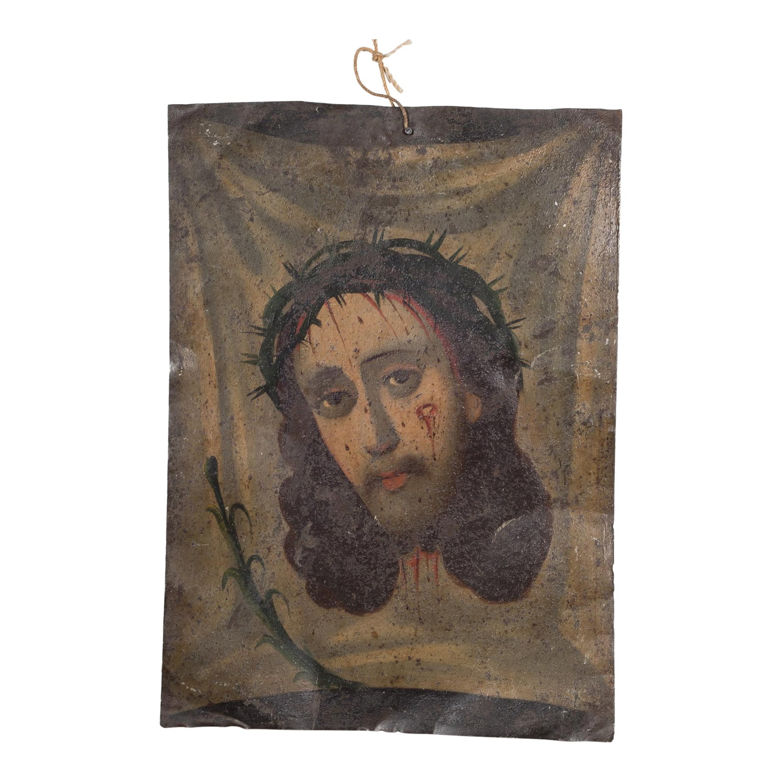19th C. Mexican Retablo "Veronica's Veil" c.1880: ABOUT An original 19th century Mexican folk retablo "Veronica's Veil" or "El Divono Rostro" in Spain . Oil paint on tin. The Veil of Veronica, known in Italian as the Volto Santo or Holy Face, is a