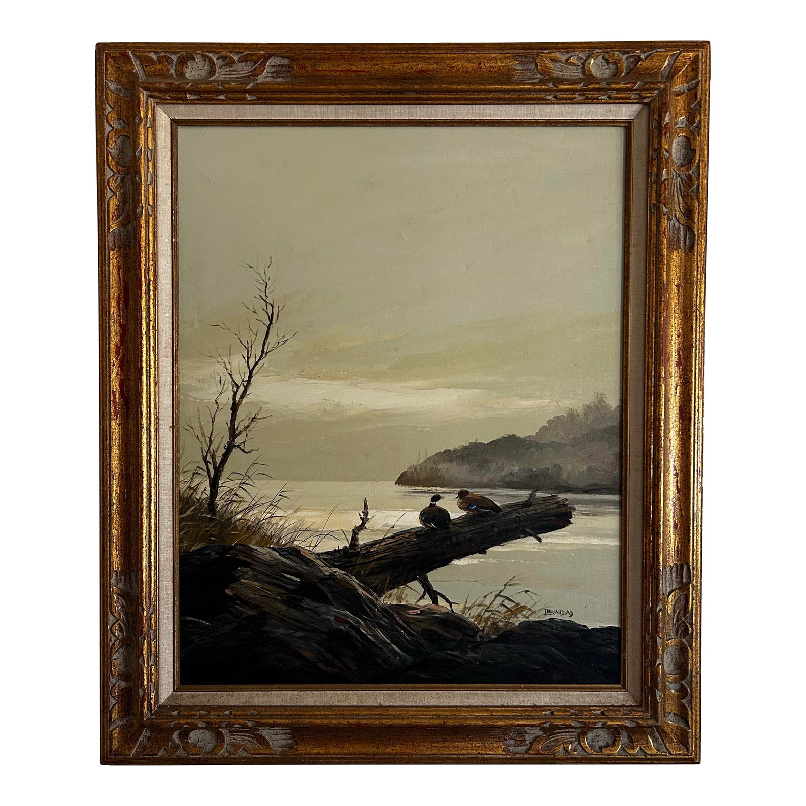 Vintage 1970's Landscape Oil on Canvas Painting of Ducks on Lake Signed Trinidad: Vintage 1970's original landscape oil painting of ducks at a lakeside. Beautiful well done painting with calm, serene colors. In original gold frame. Signed "Trinidad" to the lower right. Attributed