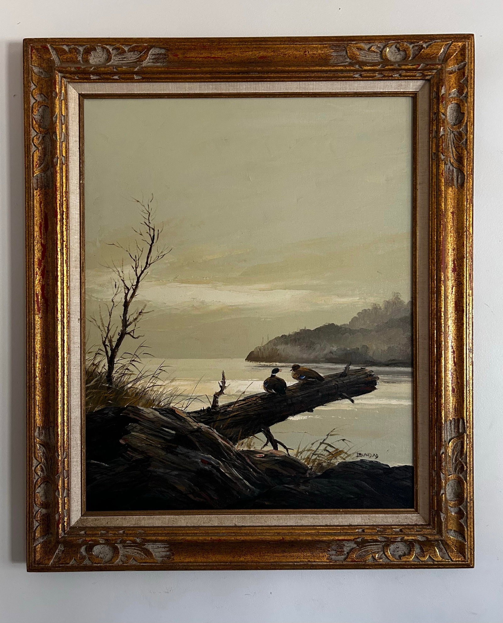 Vintage 1970's Landscape Oil on Canvas Painting of Ducks on Lake Signed Trinidad - 2