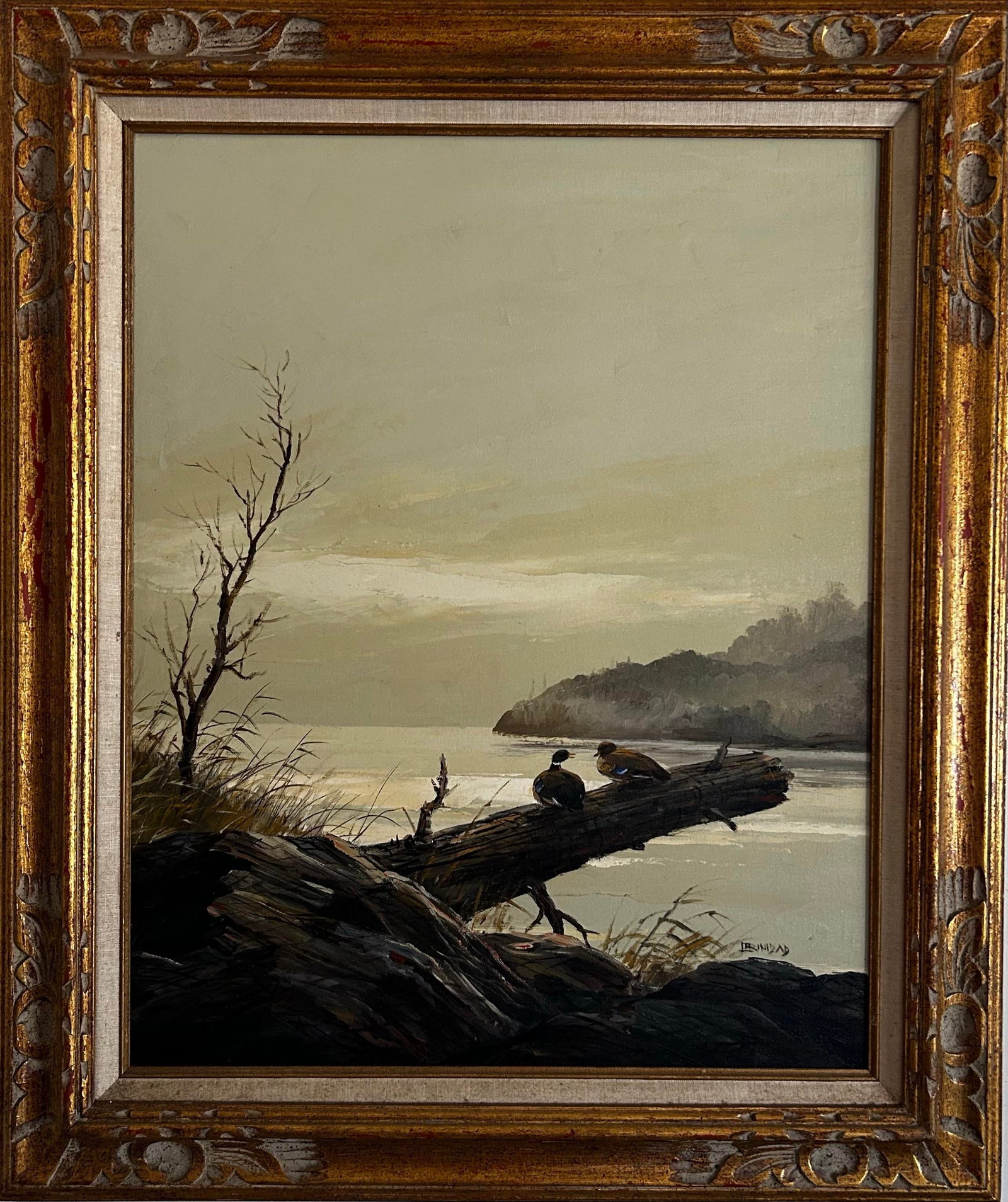 Vintage 1970's Landscape Oil on Canvas Painting of Ducks on Lake Signed Trinidad - 3