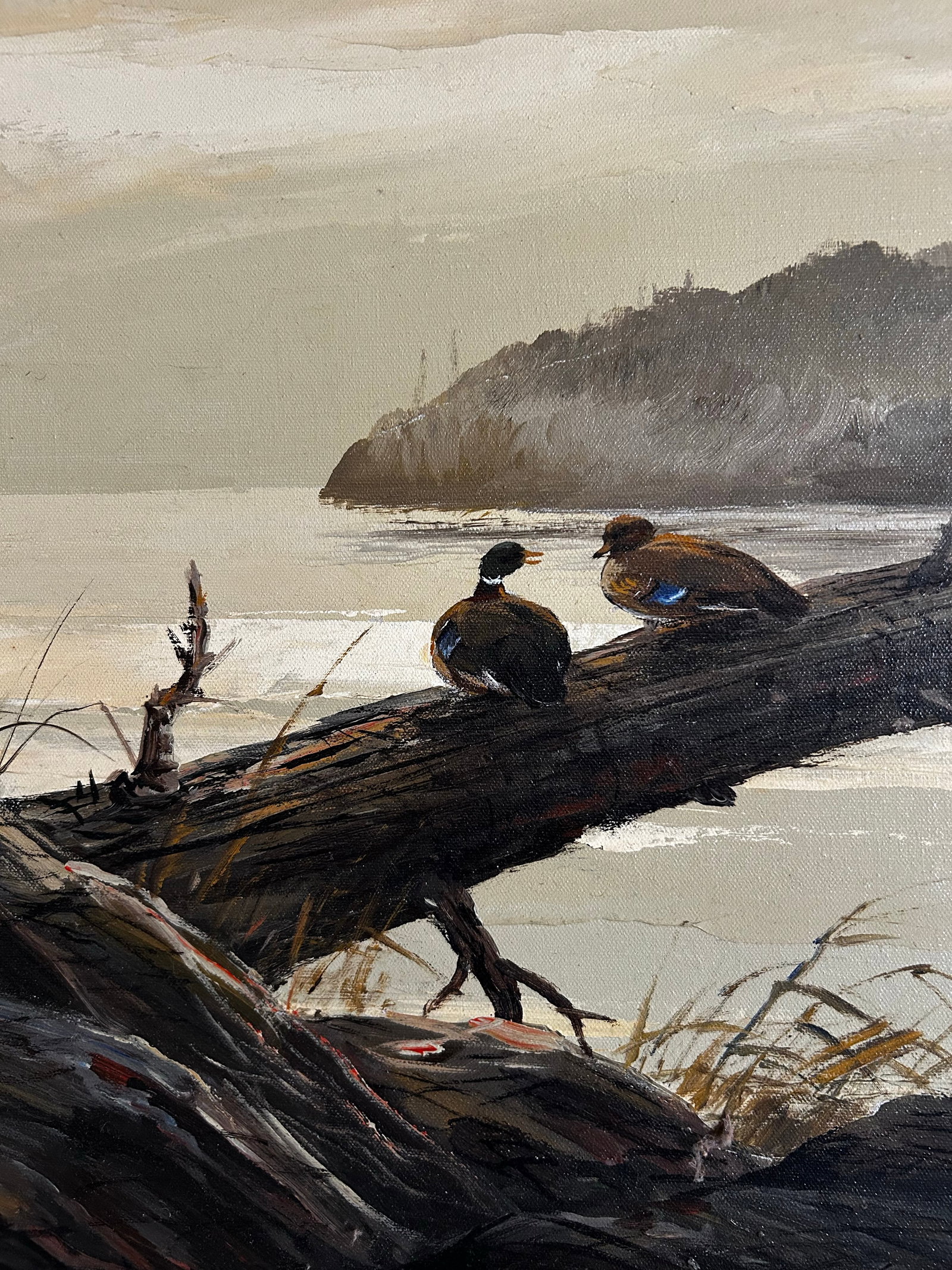 Vintage 1970's Landscape Oil on Canvas Painting of Ducks on Lake Signed Trinidad - 4