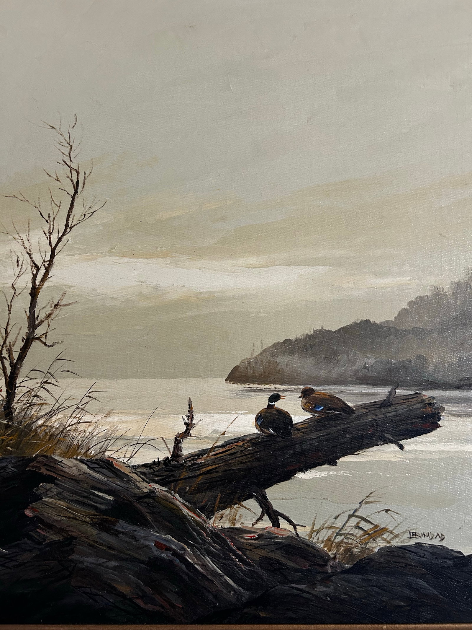 Vintage 1970's Landscape Oil on Canvas Painting of Ducks on Lake Signed Trinidad - 6