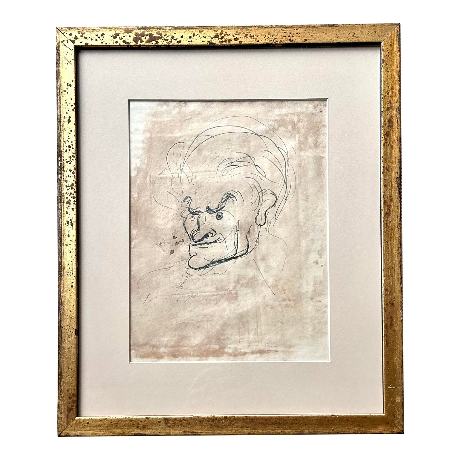 Antique Pen and Ink Male Portrait Sketch, Framed: Interesting old pen and ink portrait caricature sketch of an unknown male in an antiqued gold frame. The overall dimensions of the piece is 14" w x 16" h , the actual drawing measures 8" x 10". Frame