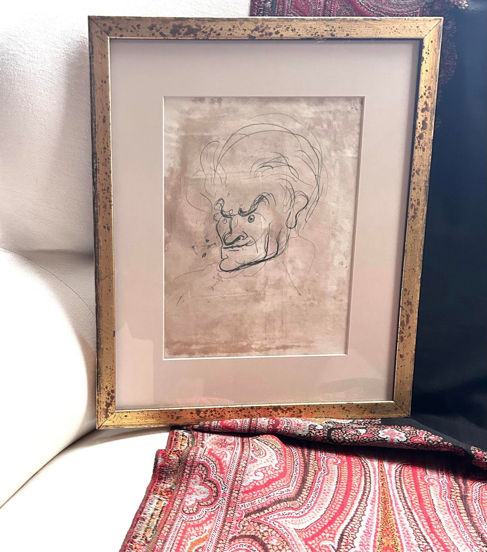 Antique Pen and Ink Male Portrait Sketch, Framed - 9