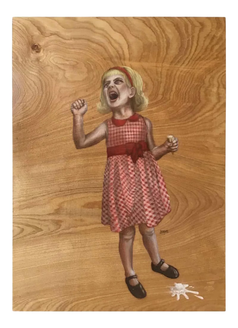 Painting on Board of Girl Dropping Ice Cream: Painting on board of a girl dropping her ice cream. Condition: Alterations: Unknown Imperfections: Some Imperfections Condition Notes: Good Wear consistent with age and use. Materials &