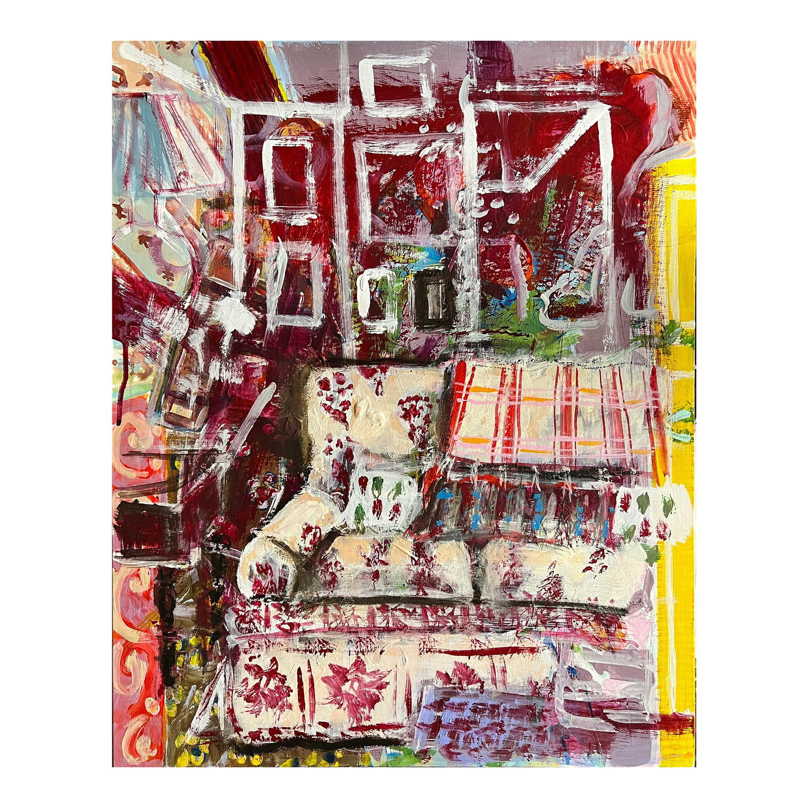 Interior Portrait Original Artwork by Shann Spishak: Just Starting, Go as the Wind, an abstract painting that happily worked itself, into a painting of an interior space with a sofa. Many layers of paint and texture, painted on linen panel. The panel