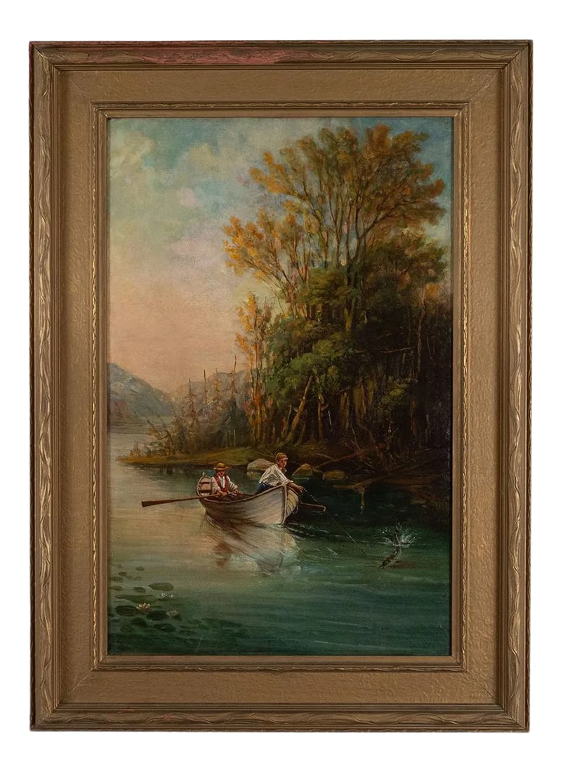 Early 20th Century River Boat Rustic Landscape Painting, Framed: Vintage painting depicting a river boat fishing scene with weathered painted wood frame. Condition: Alterations: Original Condition Unaltered Imperfections: Some Imperfections Condition Notes: -This