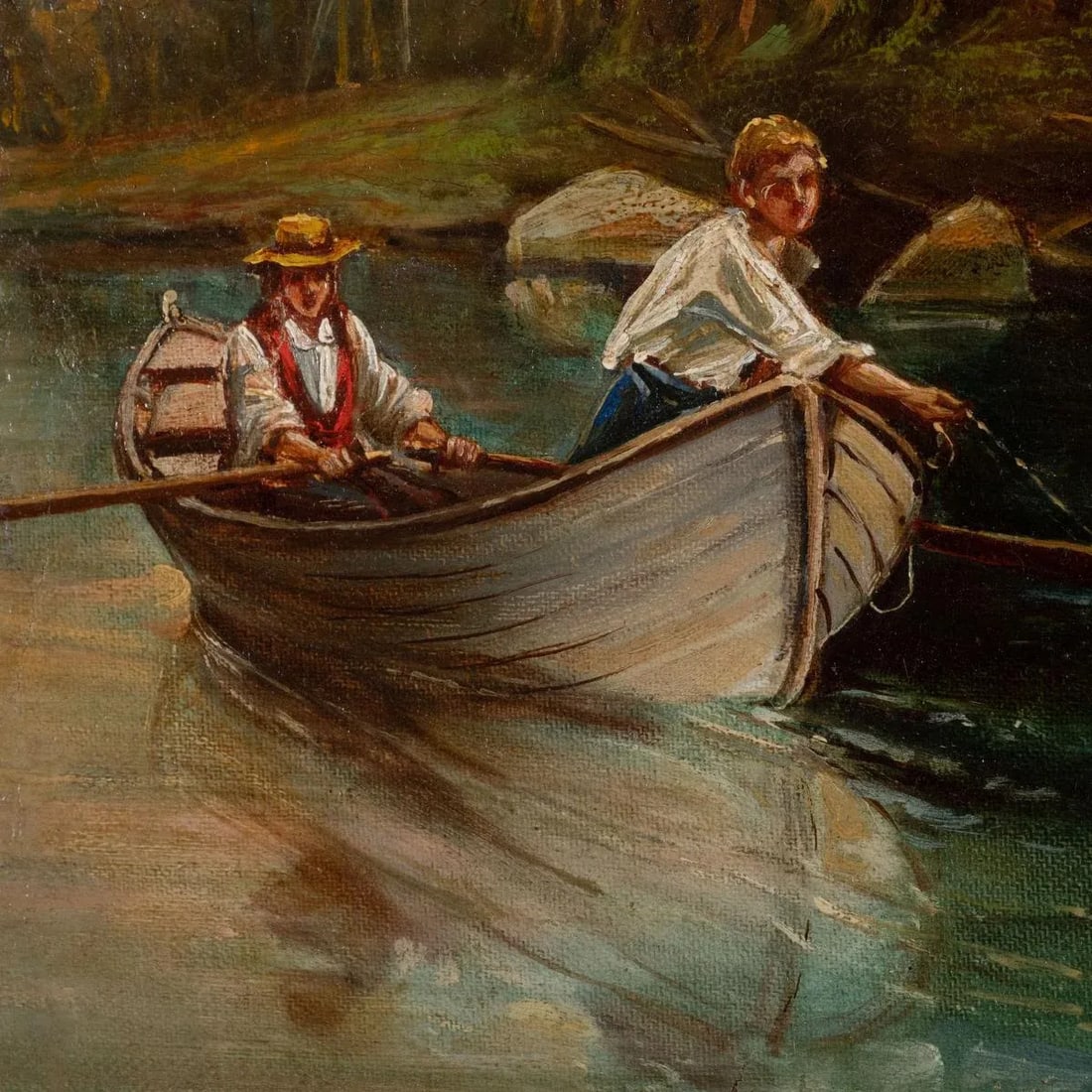 Early 20th Century River Boat Rustic Landscape Painting, Framed - 7