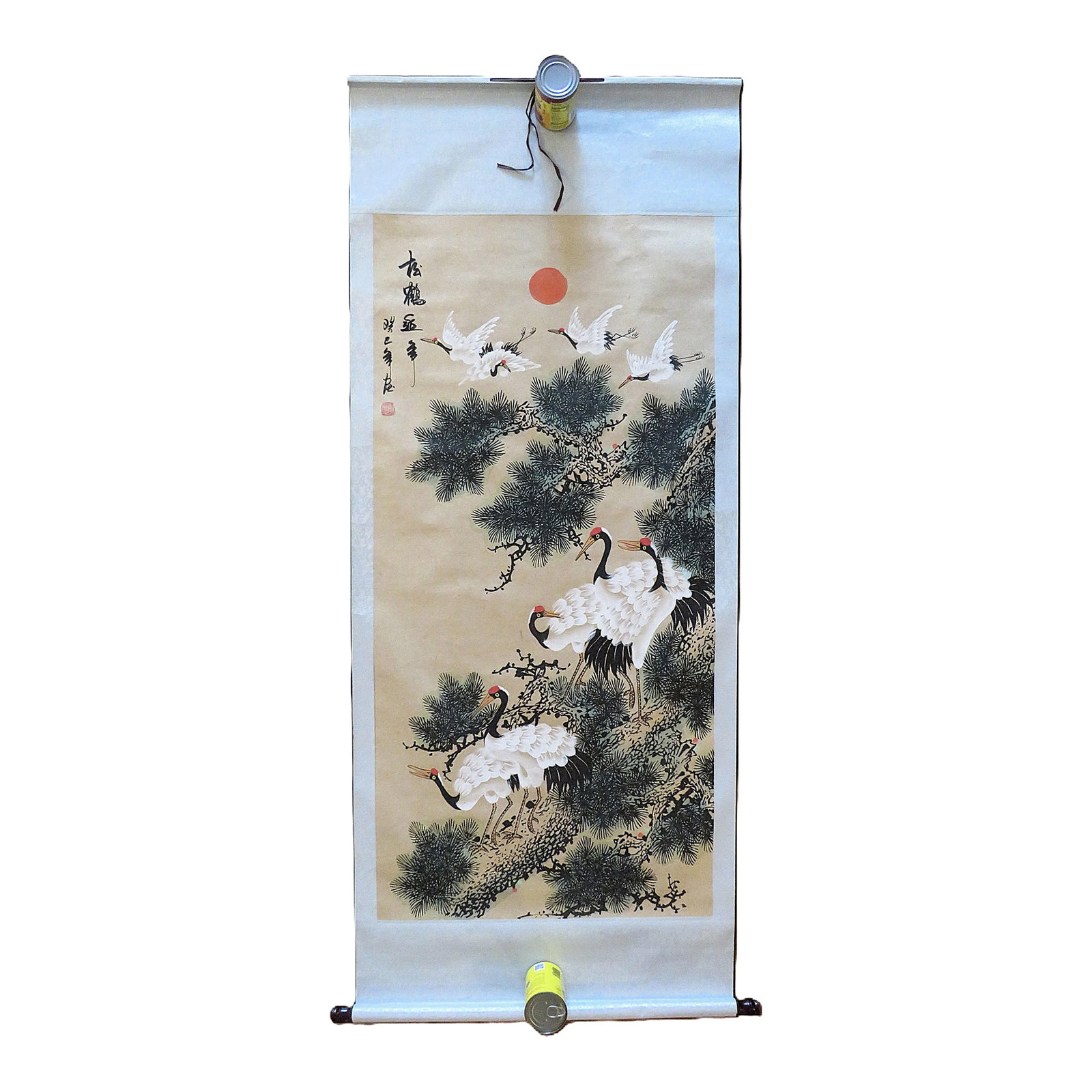 Original Chinese Scroll Painting Cranes & Pine Trees 67.5" X 28": FREE SHIPPING ANYWHERE IN THE CONTINENTAL US! This is an original vintage Chinese scroll painting on paper. Mid 20th century. Features cranes, a symbol of longevity. The background border color is a