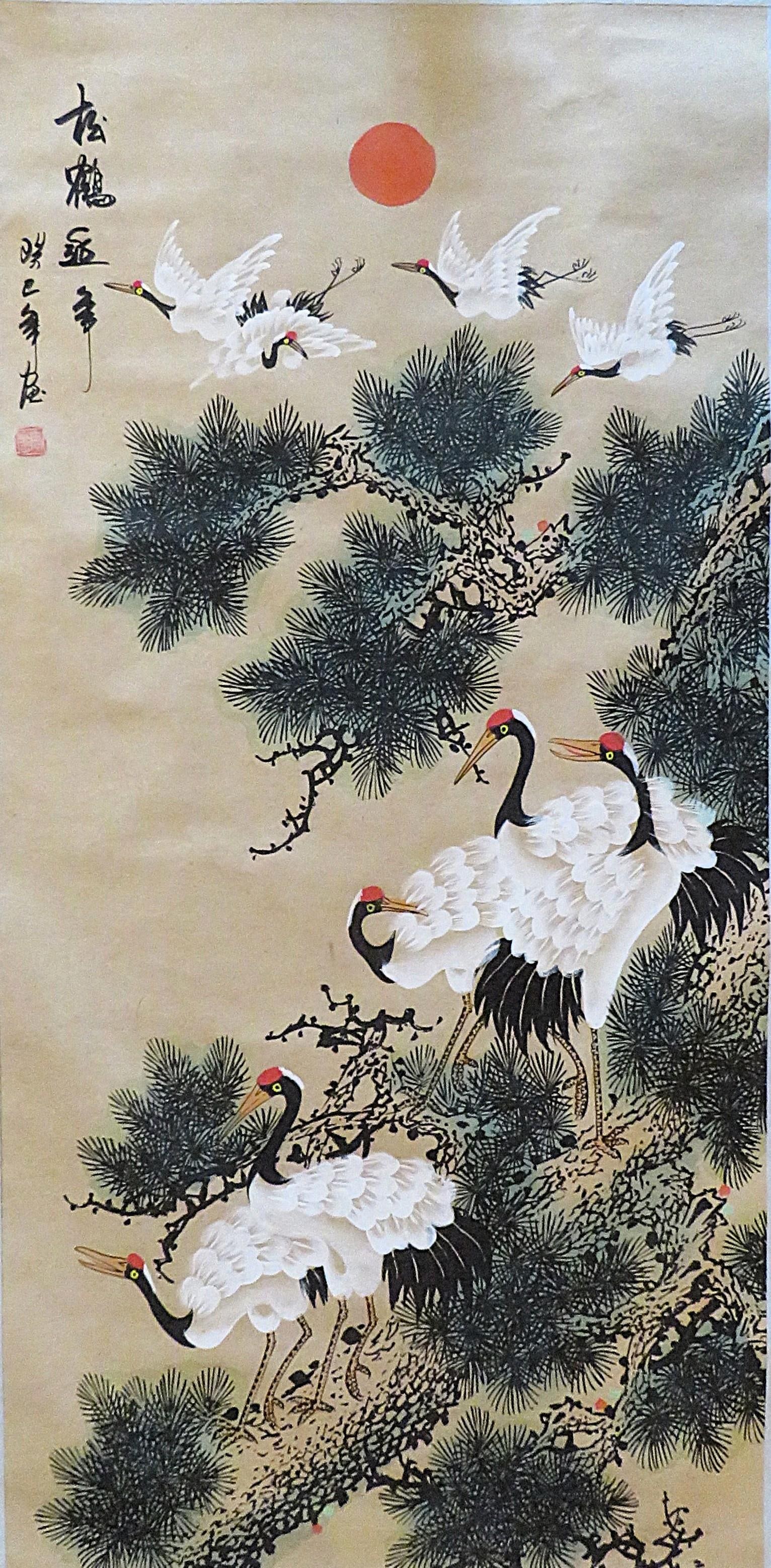 Original Chinese Scroll Painting Cranes & Pine Trees 67.5" X 28" - 2