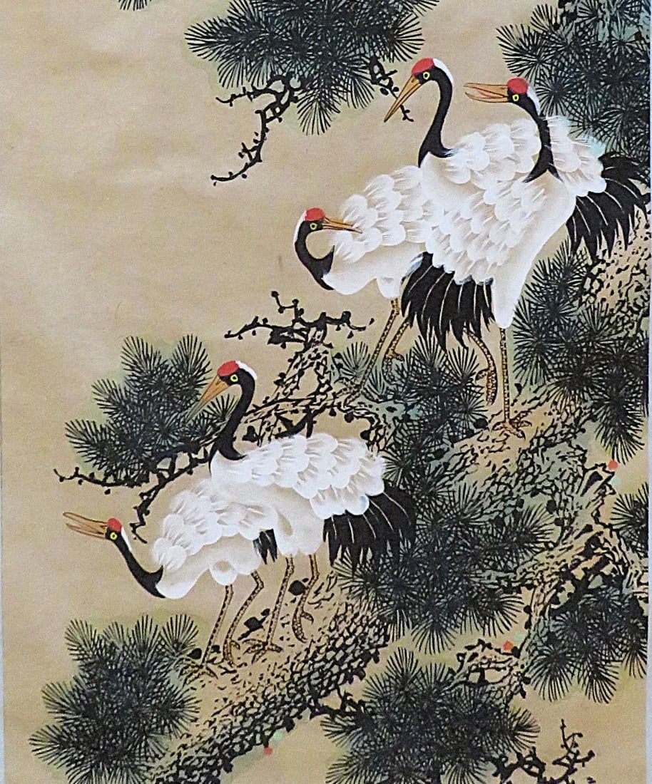 Original Chinese Scroll Painting Cranes & Pine Trees 67.5" X 28" - 4