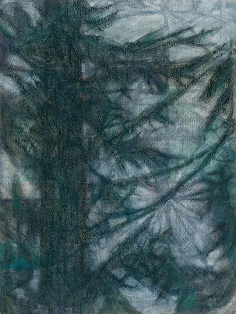 Tree Web Contemporary Abstract Forest Landscape Mixed-Media Painting: An abstract and impressionistic mixed media drawing and painting of sky and forest trees. This group is an observation of silhouettes at dawn. The artwork has several layers of drawings which give it 