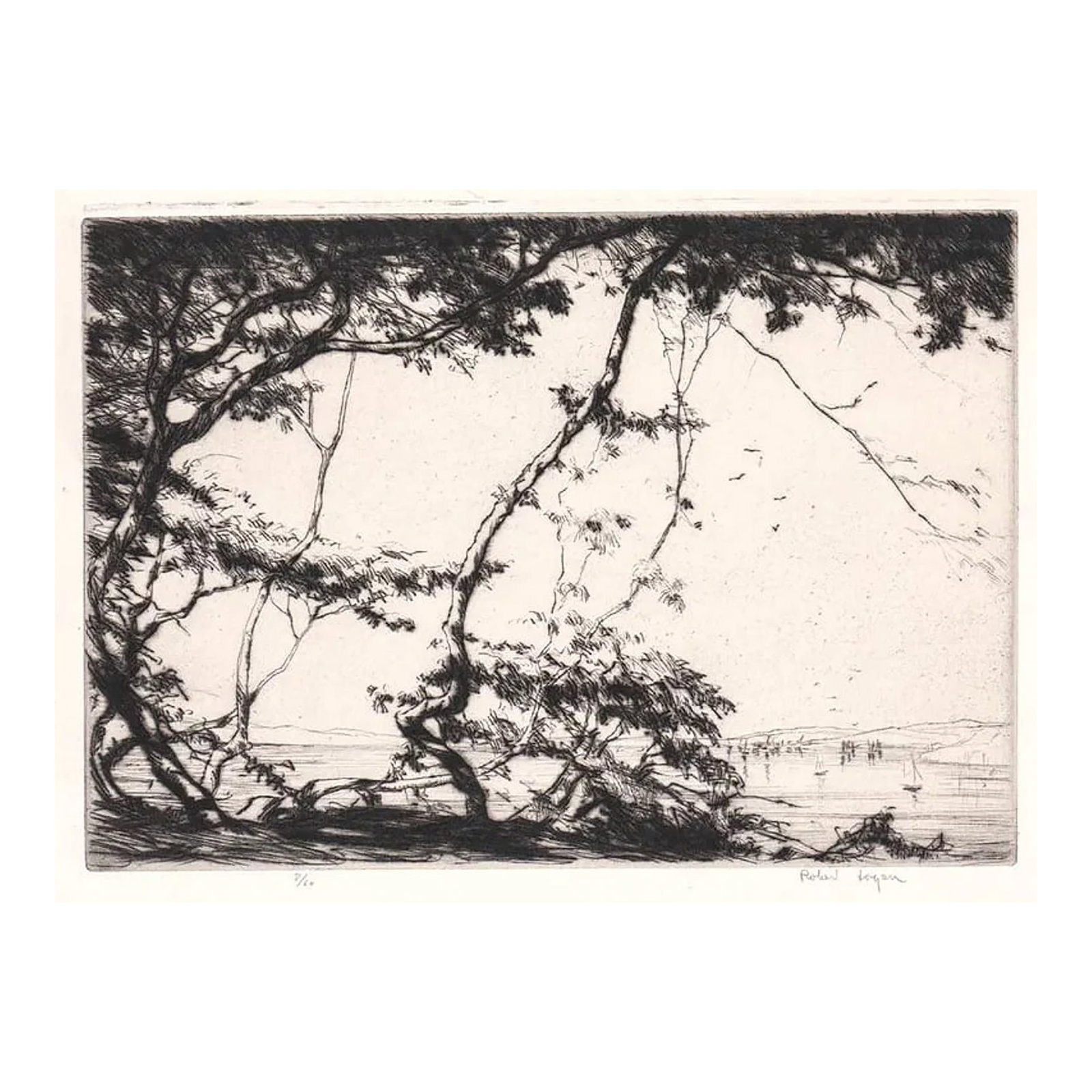 1920s Robert Logan Spring in Brittany Landscape Etching: Robert Fulton Logan (1889-1959) "Spring in Brittany" etching on paper, pencil signed lower right, numbered 8 of 60 lower left, and the title is written on the bottom margin. Born in Manitoba, Robert F