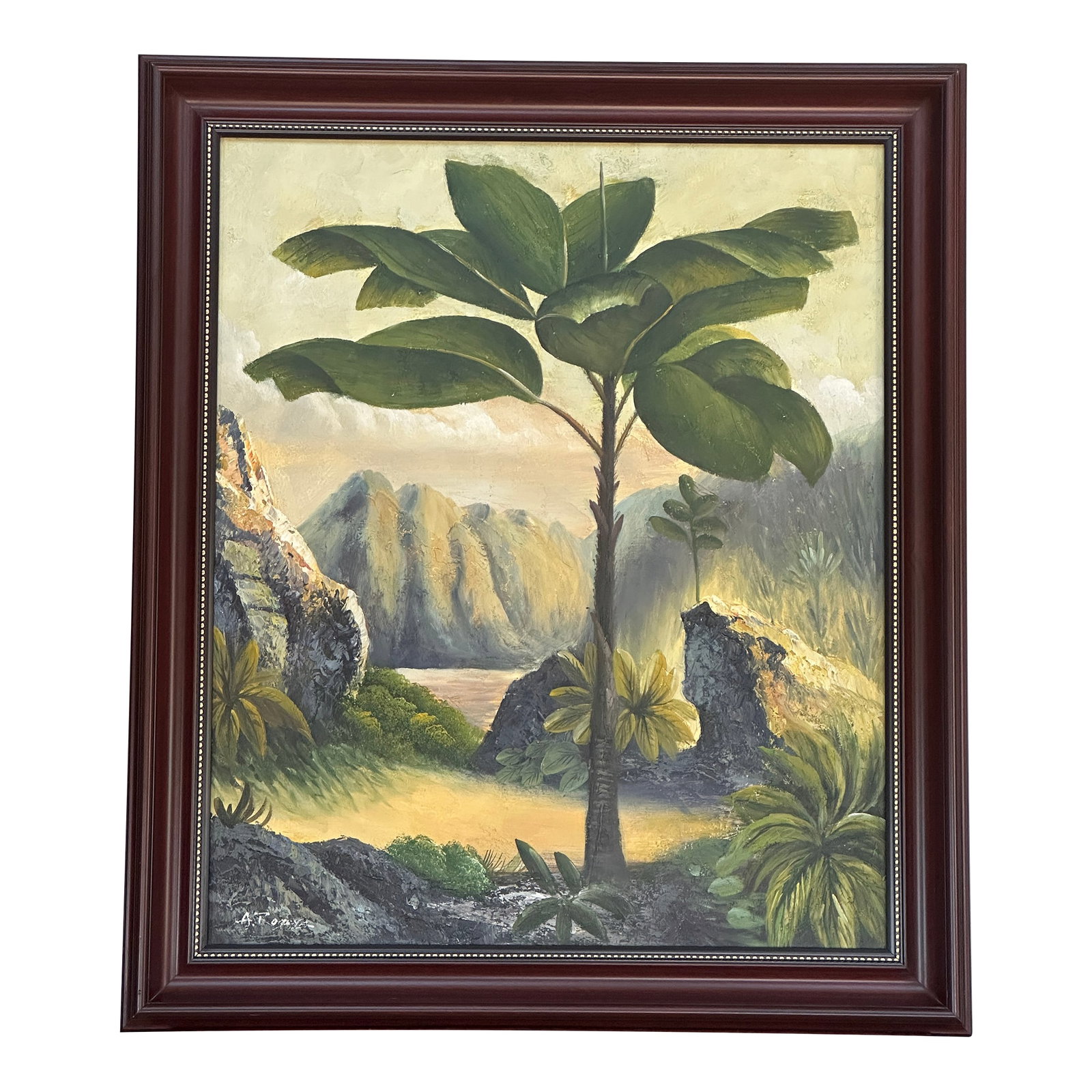 1990s Original Oil Painting on Canvas, Tropical Theme Framed: Tropical Landscape Oil Painting sight: 19 1/2 x 23 1/2 in., frame: 24.5" x 28.5" x 1.6" Unknown Artist Signature appears to be A Toaya An original contemporary decorative oil painting on canvas, signe
