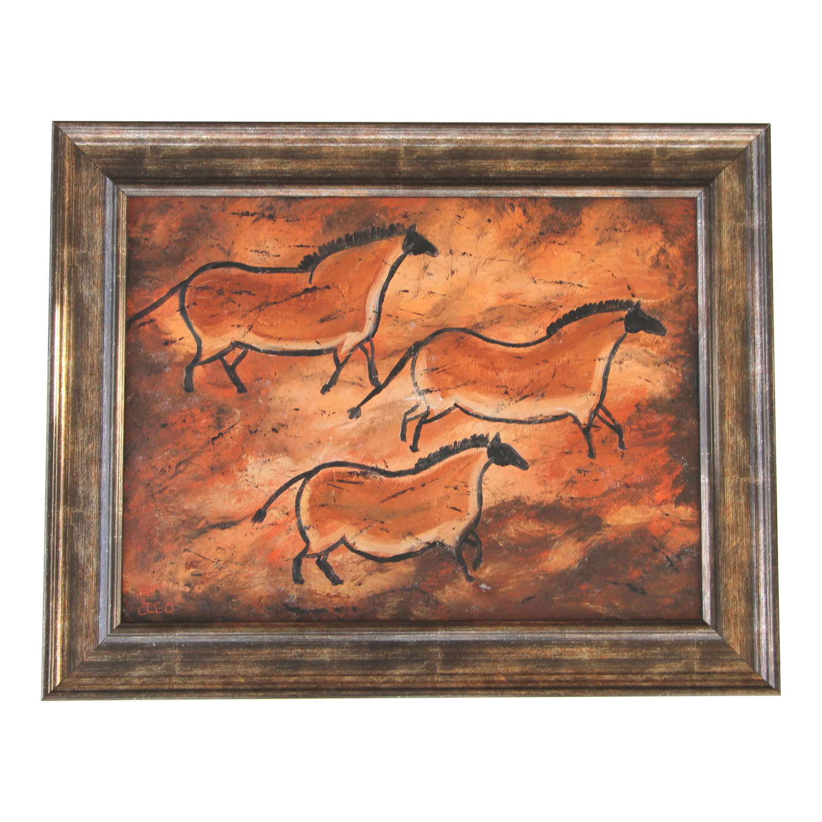 Horses Folk Art Contemporary Minimalist Sienna Black Burnt Umber Beige Original Oil Cleo Plowden: A copy of prehistoric cave paintings at Lascaux, in shades of burnt orange, beige, burnt umber. Minimalism, Abstract, Tribal, folk Art, contemporary. Framed in a quality classic, burnished dark gold