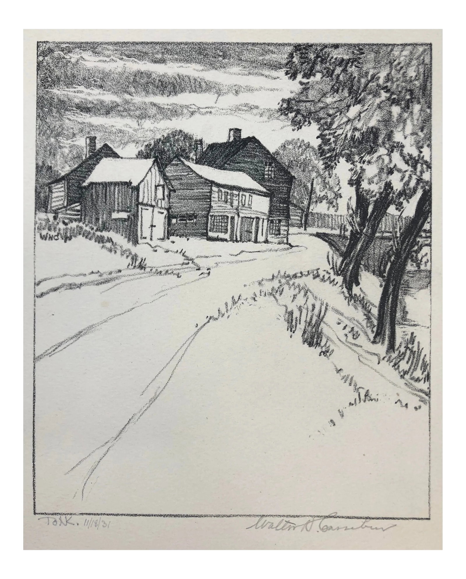 1931 Walter Cassebeer New York Lithograph: Artist and architect Walter Cassebeer (884-1963) lithograph of a scene near Rochester, NY. Pencil signed and dedicated to "NK" or Norman Kent in 1931. From the estate of Kent. Condition: Alterations: