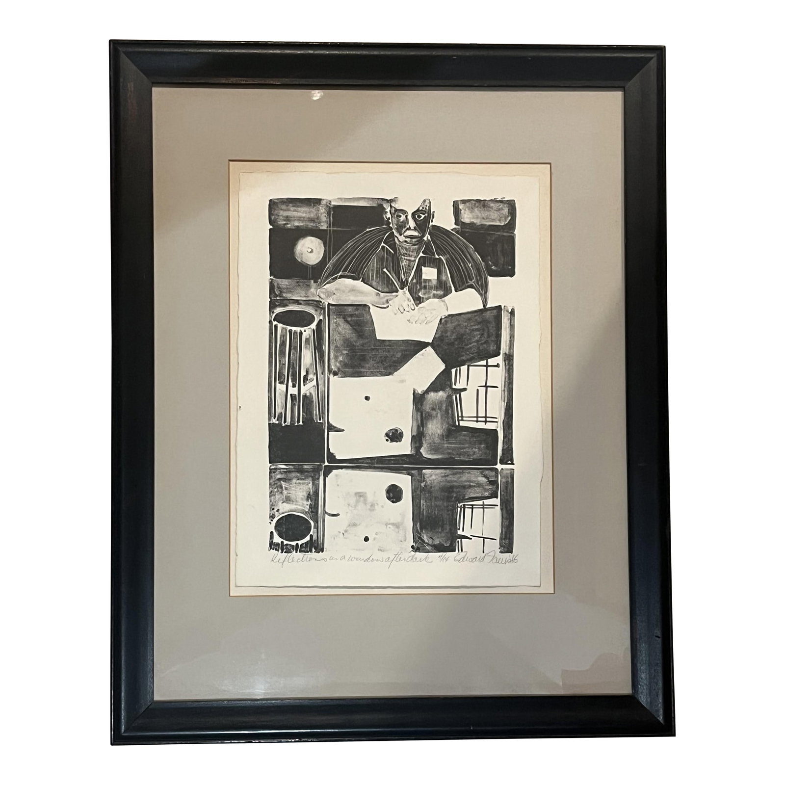 Ted Faiers Woodcut Print Dated 1966: Ted Faiers (1908-1985) titled Reflection in a window after Dark Woodcut print dated 1966 numbered 4/14 print 15 x 11 frame 25 x 20 x 1 reference: