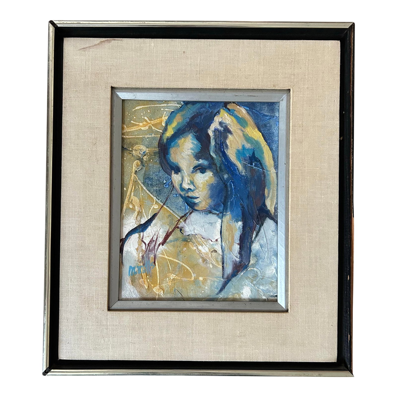 Vintage Mid Century Abstract Oil Painting ~ Portrait of a Girl by Marge Mills: Vintage Mid Century oil painting on canvas by listed New York City artist Marge Mills ( American 1932-1996) Features a portrait of a young girl realistically painted in blue and yellow over a ground