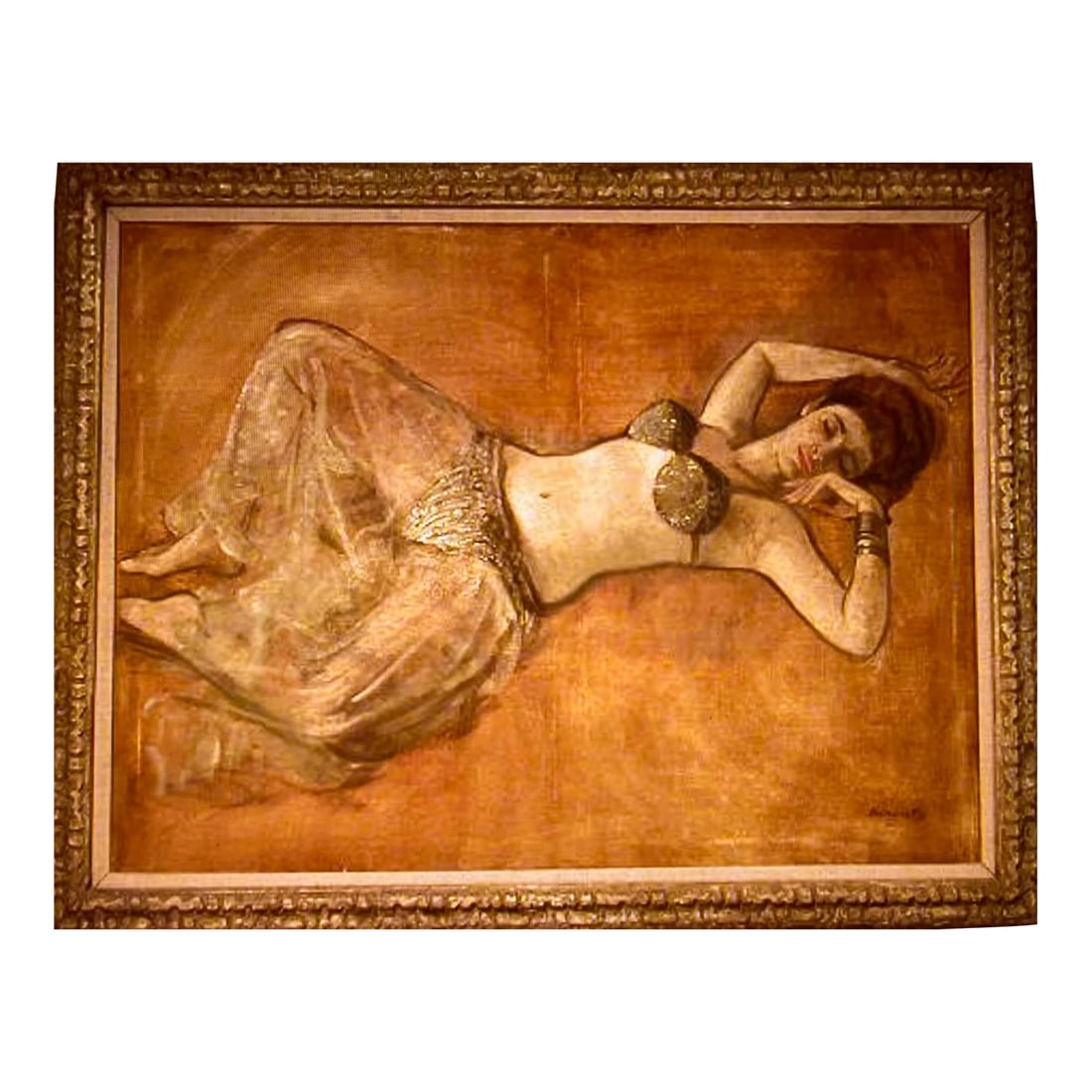 1960's Belly Dancer-Oil on Canvas-"Morocco"- Custom Framed & Signed: This spectacular life-sized portrait/painting of the exotic Oriental dancer, "Morocco" in her costume when she performed at the Round Table in New York and was done by Robert Baranet (1925-2001), in h