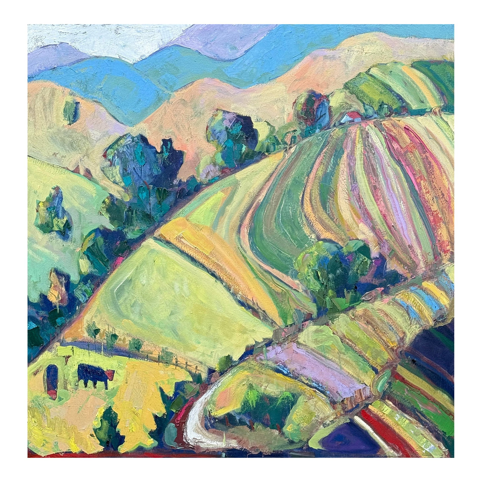 California Landscape Abstract Expressionist 4'sq. Mountains, Cows by James Hartman: I wanted to share this piece I just finished. My aim with this session was to really push the texture and the emotional resonance of the light and atmosphere, letting the medium do a lot of the heavy 