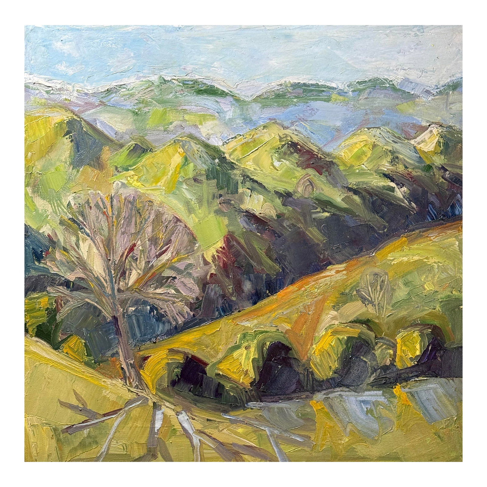 Landscape Verdant Rolling Hills Impasto Oil on Canvas Hartman: This original 32" square by 1 1/2" oil painting captures the rhythmic energy of a sun-drenched landscape through a bold, contemporary lens. Utilizing a heavy impasto technique, the artist has created 