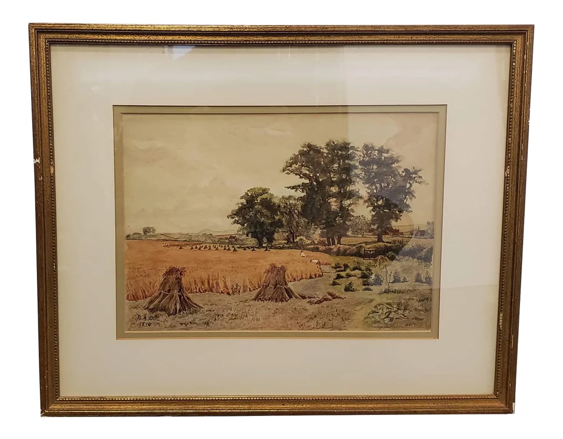 Early 19th Century Jutland Countryside Framed Watercolor Painting by r.a. Delmon (Denmark) (1814): Up for sale is a Jutland Countryside Framed Watercolor Painting by R.A. Delmon (Denmark) (1814)! Set in a lovely gold wooden frame, this early 19th century work features fantastic Earth tones of