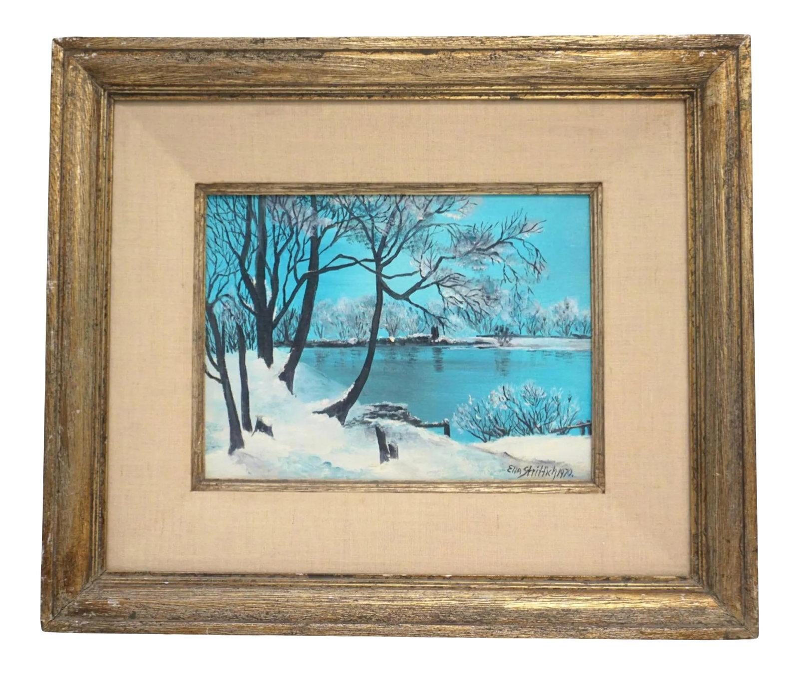 1970 Ella Strittich Winter Landscape New York: Vintage 1970 New York State Winter Landscape by Ella C. Strittich (1901-1990). In gold gilt wood frame with wide linen liner. In frame measures 21"x17"x2". Weight 4 pds. PROVENANCE: A Private Charlest