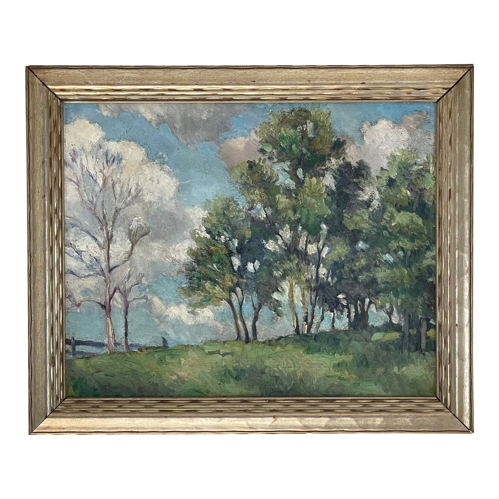 Early 20th Century Landscape Oil Painting by Norman Braley, Framed: Norman Braley, American, Oil on Canvas, Signed on the backside of the canvas. Condition: Excellent, professionally cleaned and varnished. Landscape with trees in a field with a fence, in its original
