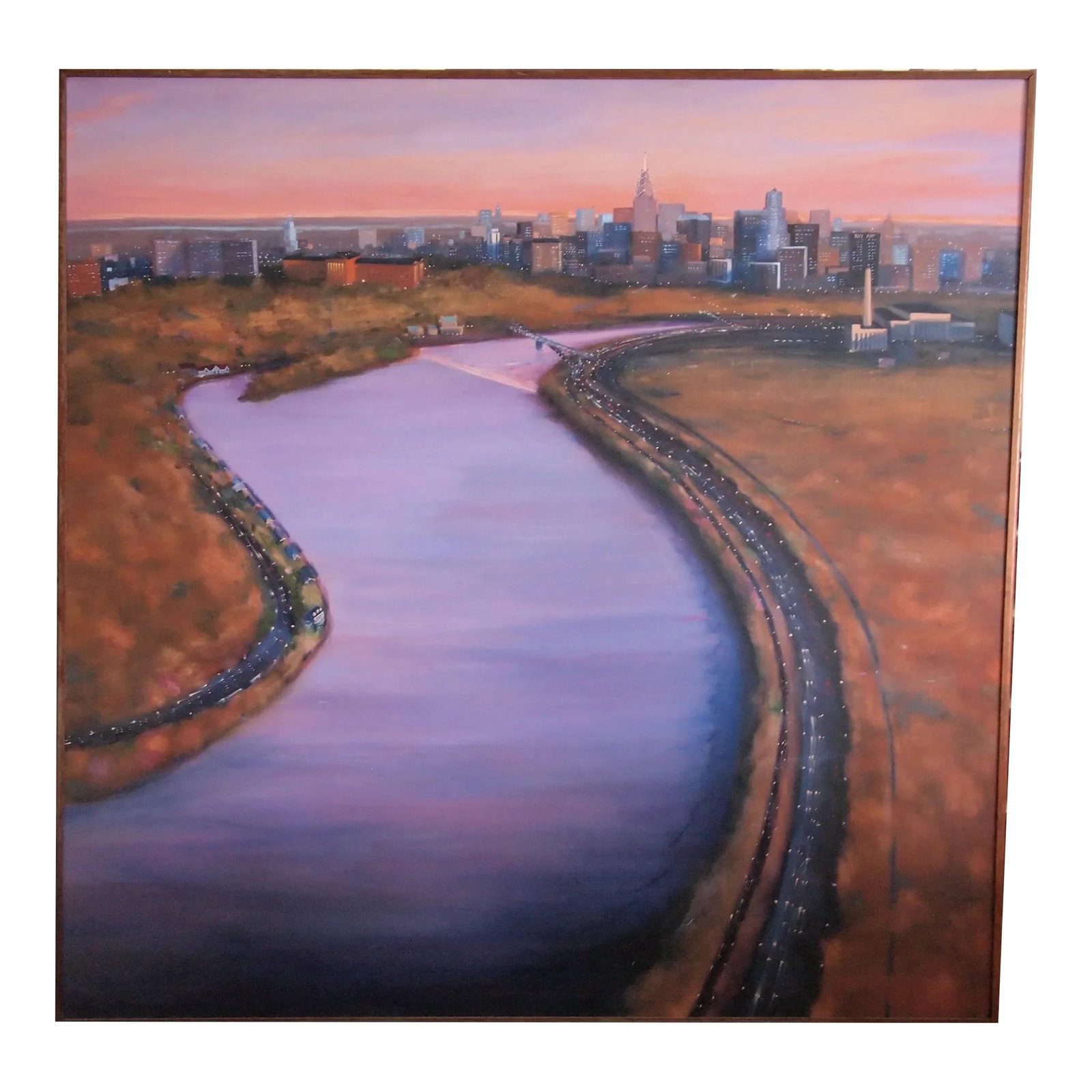 1990s Original John J. DeVlieger Philadelphia Cityscape Oil Painting, Framed: -Original John J. DeVLIEGER Philadelphia Sklyine Painting 73x73" Oil / Canvas Framed Large-Scale Art Mural Modern Cityscape Purple Orange -Large-scale painting of the Philadelphia cityscape (view