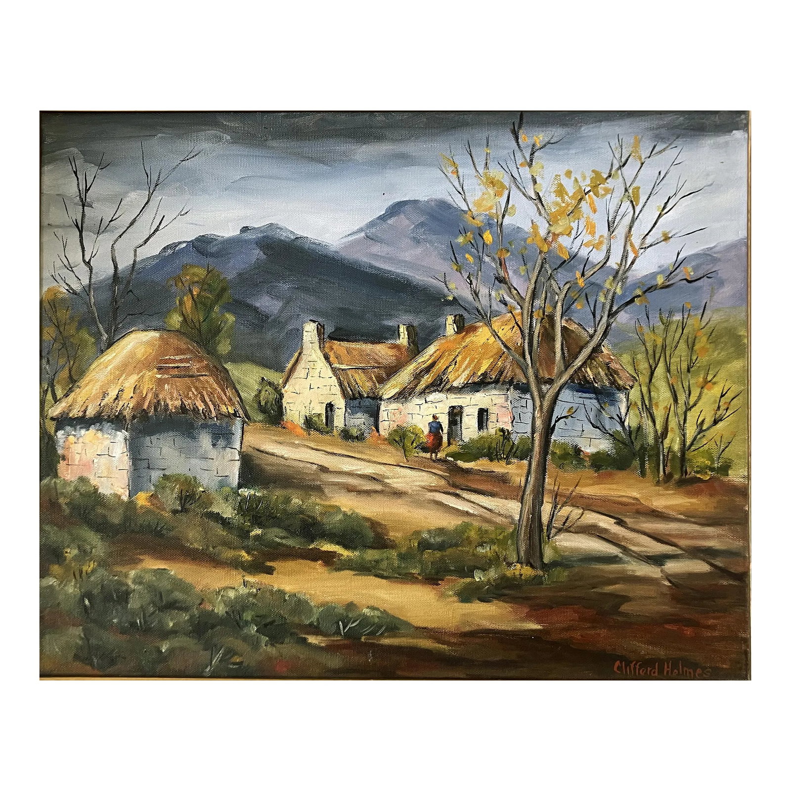 Mid 20th Century Bundalloch, Scotland Landscape Oil Painting by Clifford Holmes: This artwork titled "Bundalloch" c.1950 is an oil painting on canvas by noted California artist Clifford Holmes 1876-1963. Bundalloch is a hamlet or "clachan" in the western Scottish Highlands. The