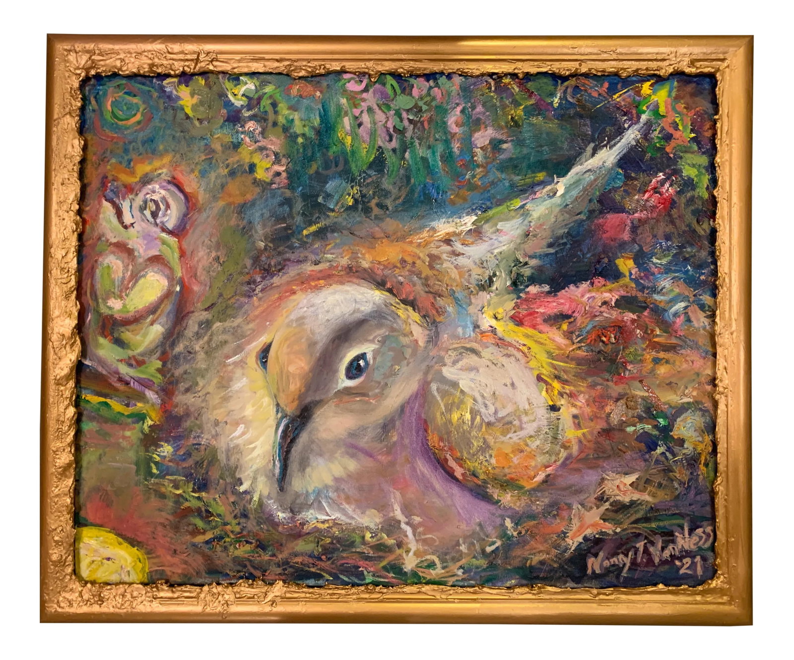 My Nest. Contemporary, Abstract, Oil Painting, by Van Ness: My Nest 32.5"x27" Original Oil Painting Signed Art by Artist Canvas Gold Framed On canvas, canvas size, 30"x24'. A dove nests before her eggs hatch. Thick paint and a textured golf frame. Great gift, 